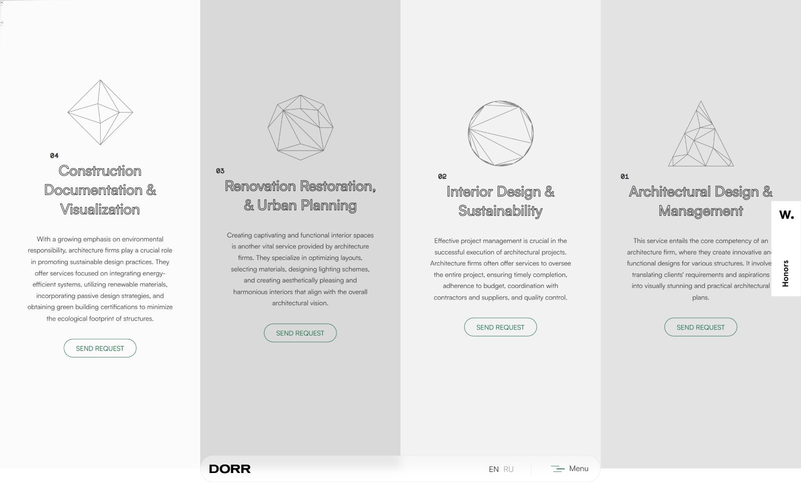 Three panels with icons and titles: Construction Documentation, Renovation Restoration, and Interior Design. Each has "SEND REQUEST" button.