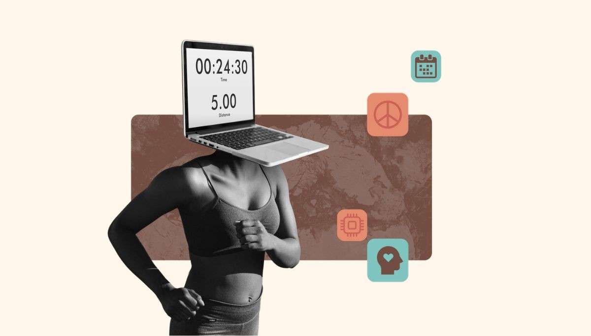 urreal illustration of a runner with a laptop for a head displaying workout stats, symbolizing wearable app development and digital fitness tracking.
