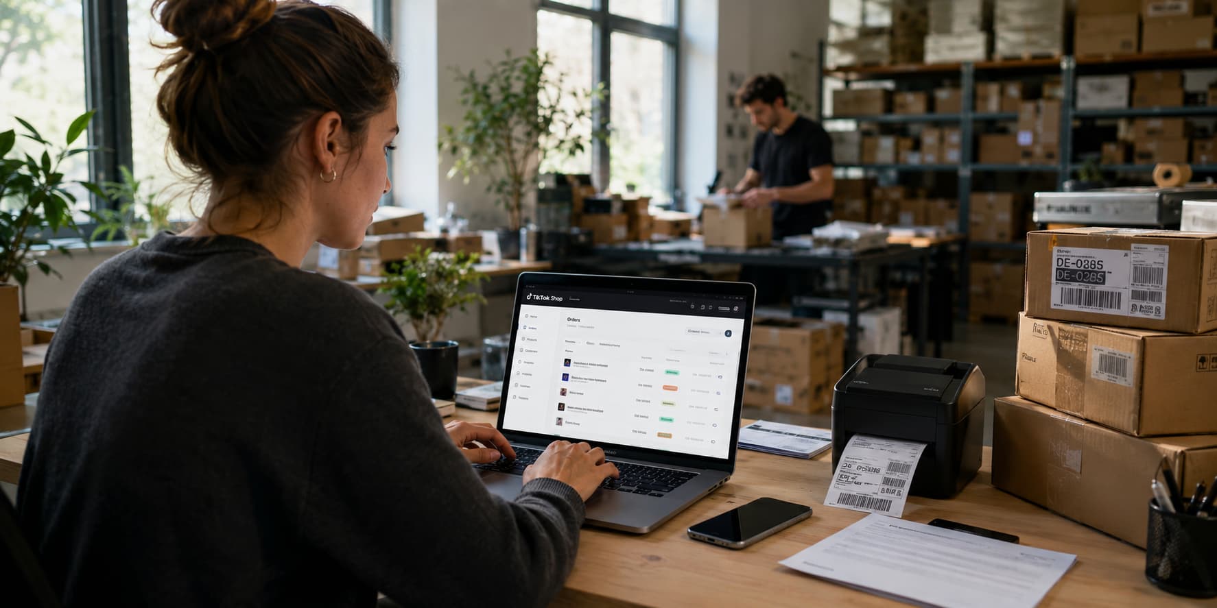 A small business owner reviews online orders on a laptop while working in a busy warehouse, with parcels, shipping labels, and fulfillment staff visible in the background.
