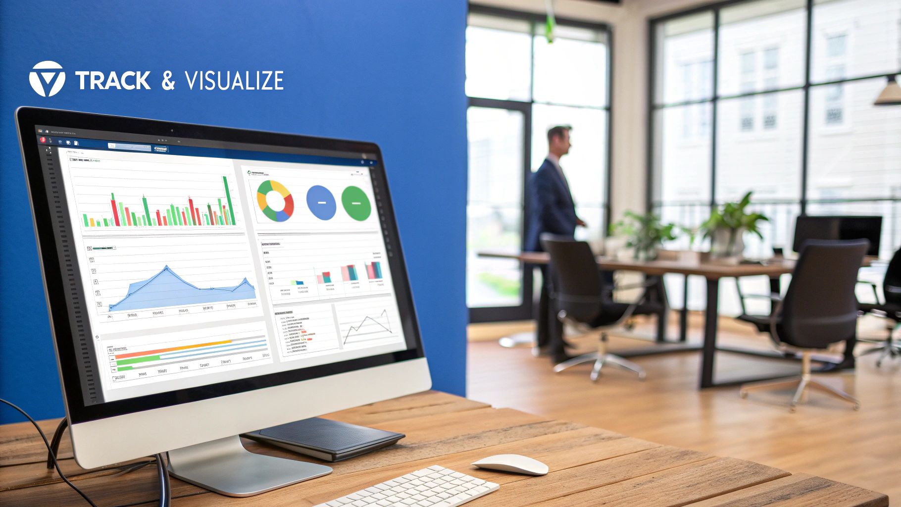 A modern, clean KPI dashboard showing various charts and graphs on a screen.