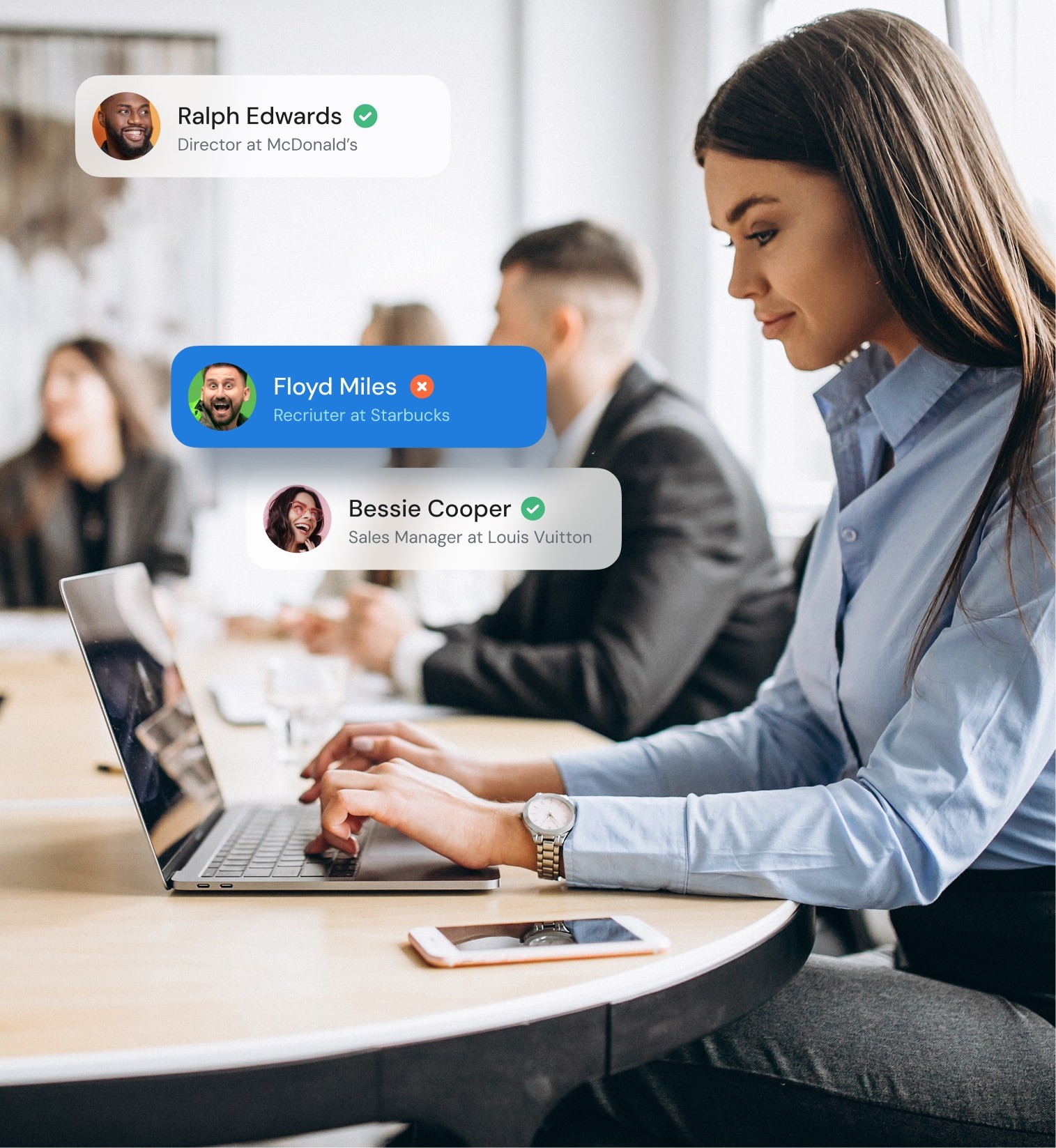 Business professional using laptop with LinkedIn-style contact cards overlayed to represent LinkMatch CRM matching