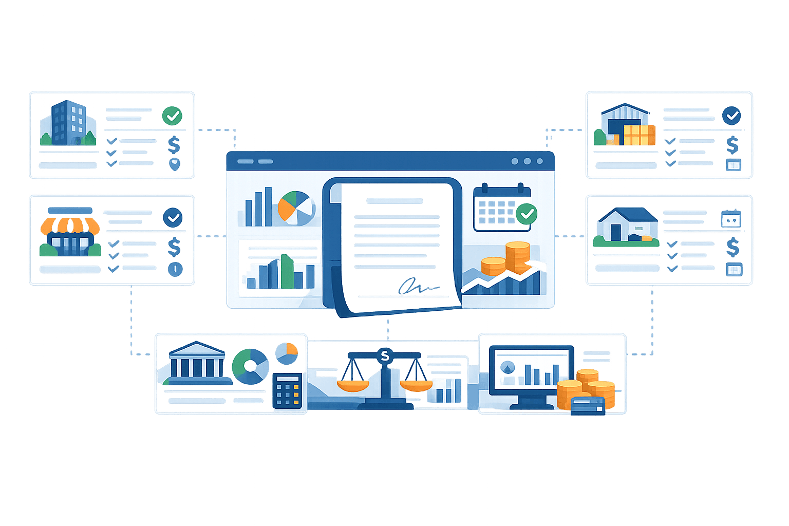 Ilustrasi end‑to‑end financial & compliance management system dengan dokumen digital sebagai pusat. Platform menampilkan laporan, grafik kinerja, kalender persetujuan, dan tren keuangan yang terhubung ke berbagai entitas seperti gedung perkantoran, gudang, UMKM, dan properti. Di sekelilingnya terdapat modul analitik, penilaian risiko, kepatuhan hukum (ikon timbangan), pelacakan aset, serta laporan keuangan dan koin. Visual menggambarkan orkestrasi data, validasi, dan pengambilan keputusan finansial berbasis data dalam satu ekosistem terintegrasi.
