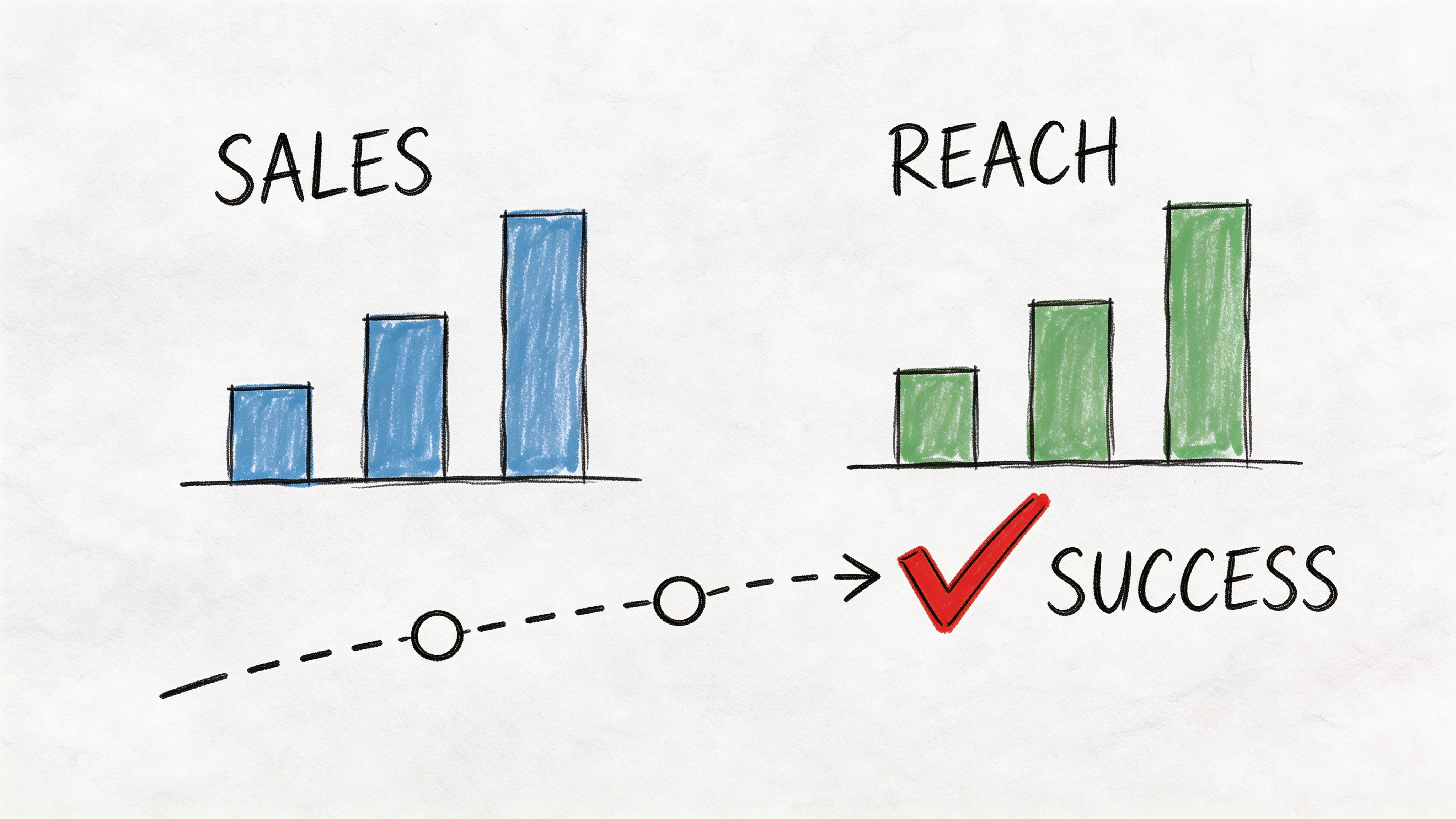 A hand-drawn illustration showing rising sales and reach bar charts leading toward a success checkmark.
