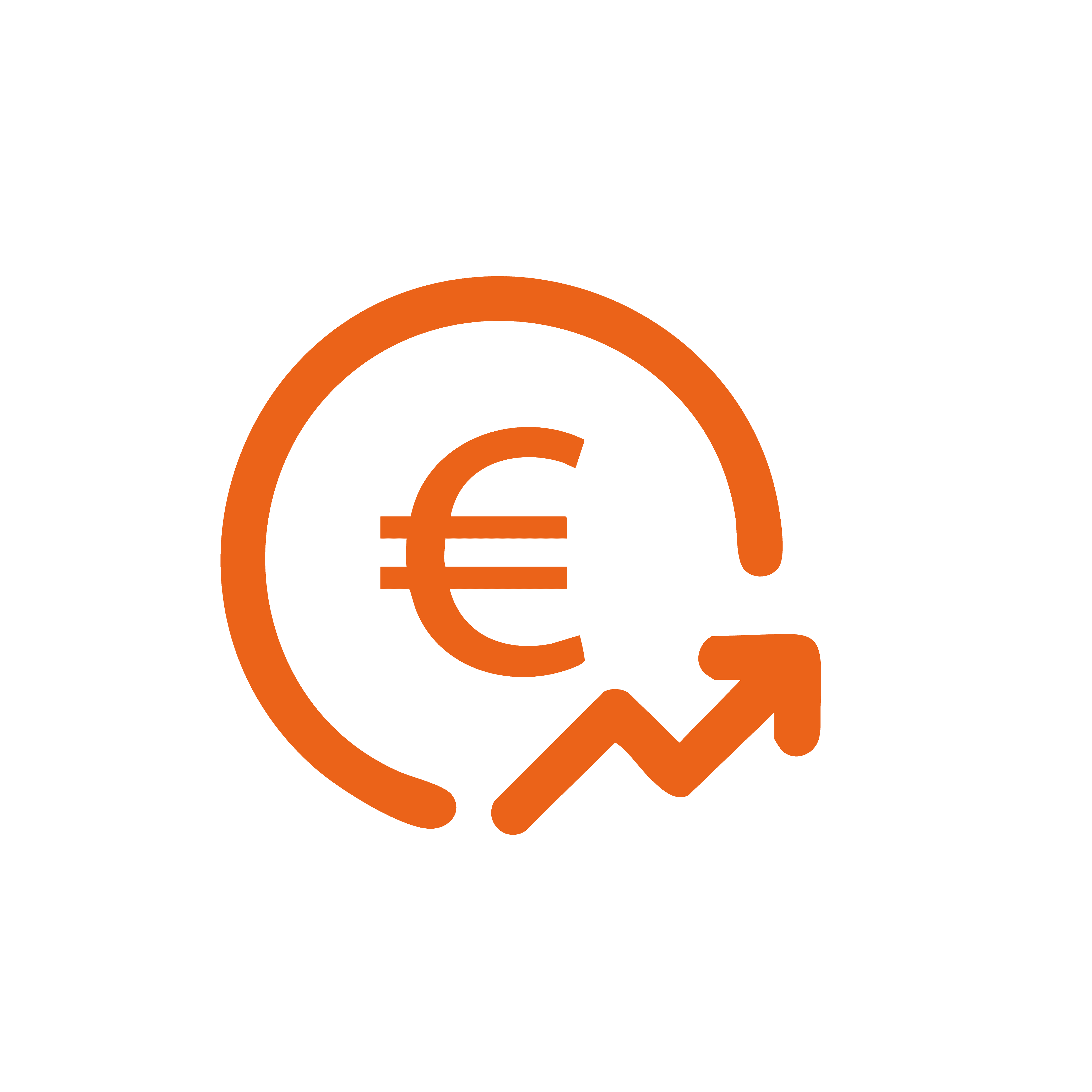 Orange icon of euro sign with an arrow point upwards