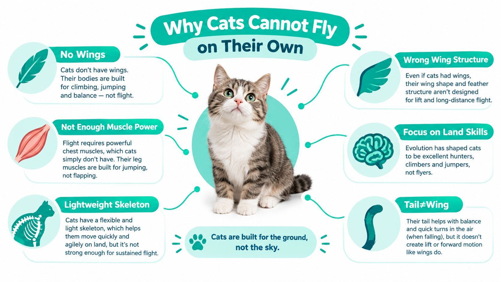 An infographic explaining anatomical and evolutionary reasons why cats are not capable of flight on their own.