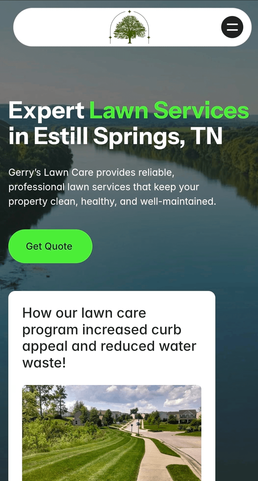 Mobile homepage mockup of Gerry’s Lawn Care website showing responsive design and lawn care services on smartphone