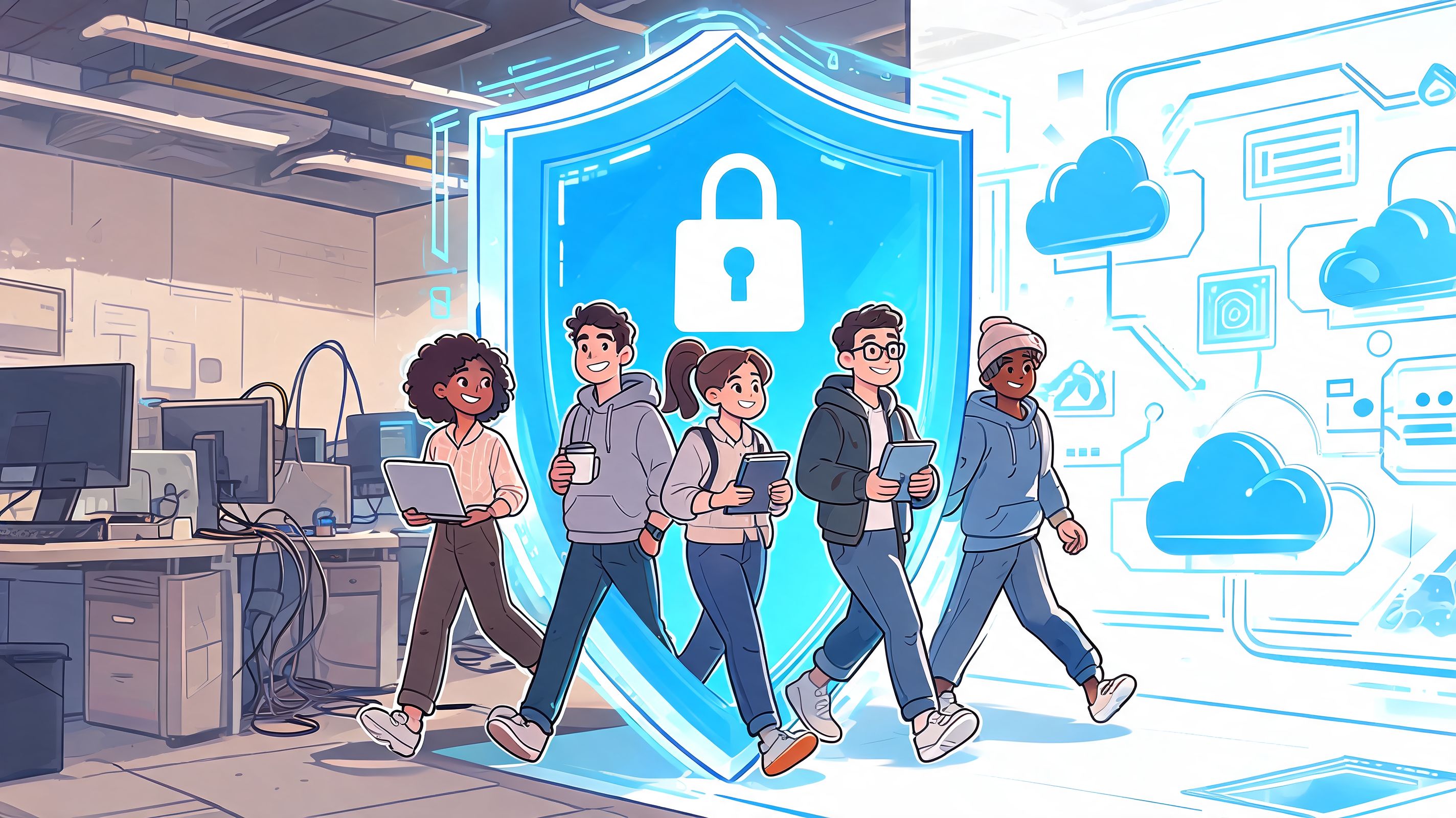 A diverse group of professionals walking together with digital devices protected by a large digital security shield.