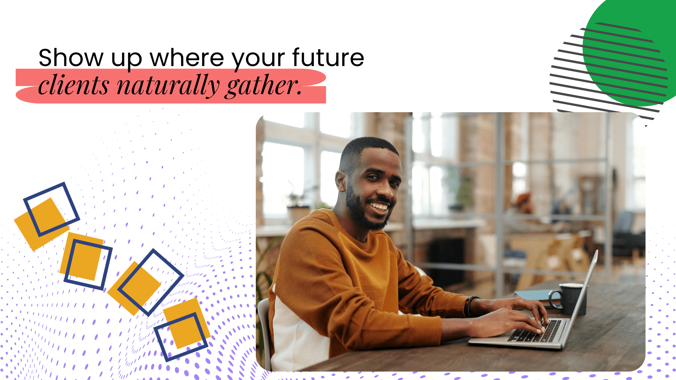 Coach working online where ideal clients naturally gather, illustrating smart visibility for growing an engaged coaching audience.