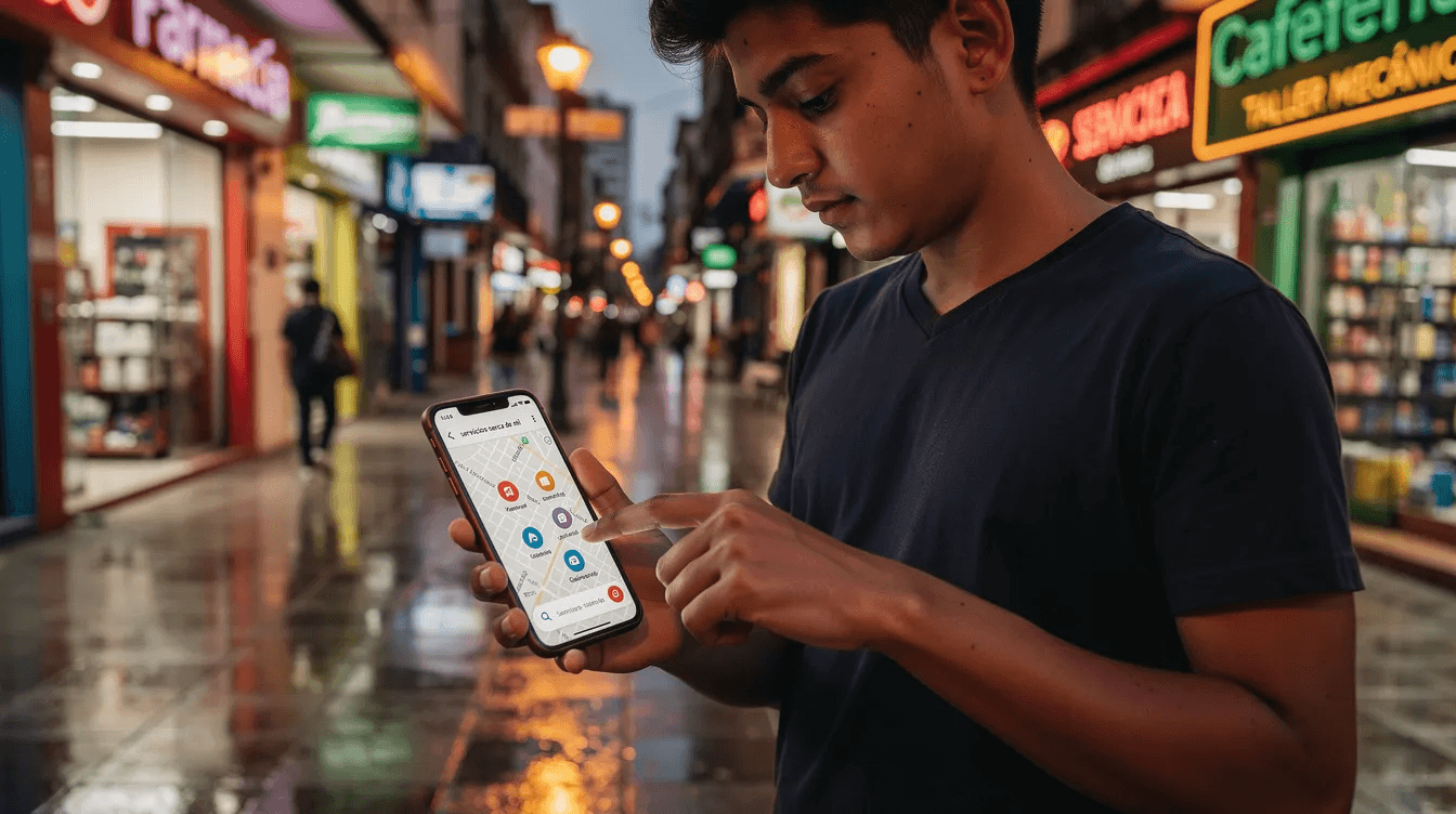 Una persona camina por una calle urbana, concentrada en su teléfono móvil mientras busca servicios locales. Esta imagen refleja cómo los clientes potenciales utilizan herramientas digitales para encontrar productos y servicios que satisfacen sus necesidades en su entorno.