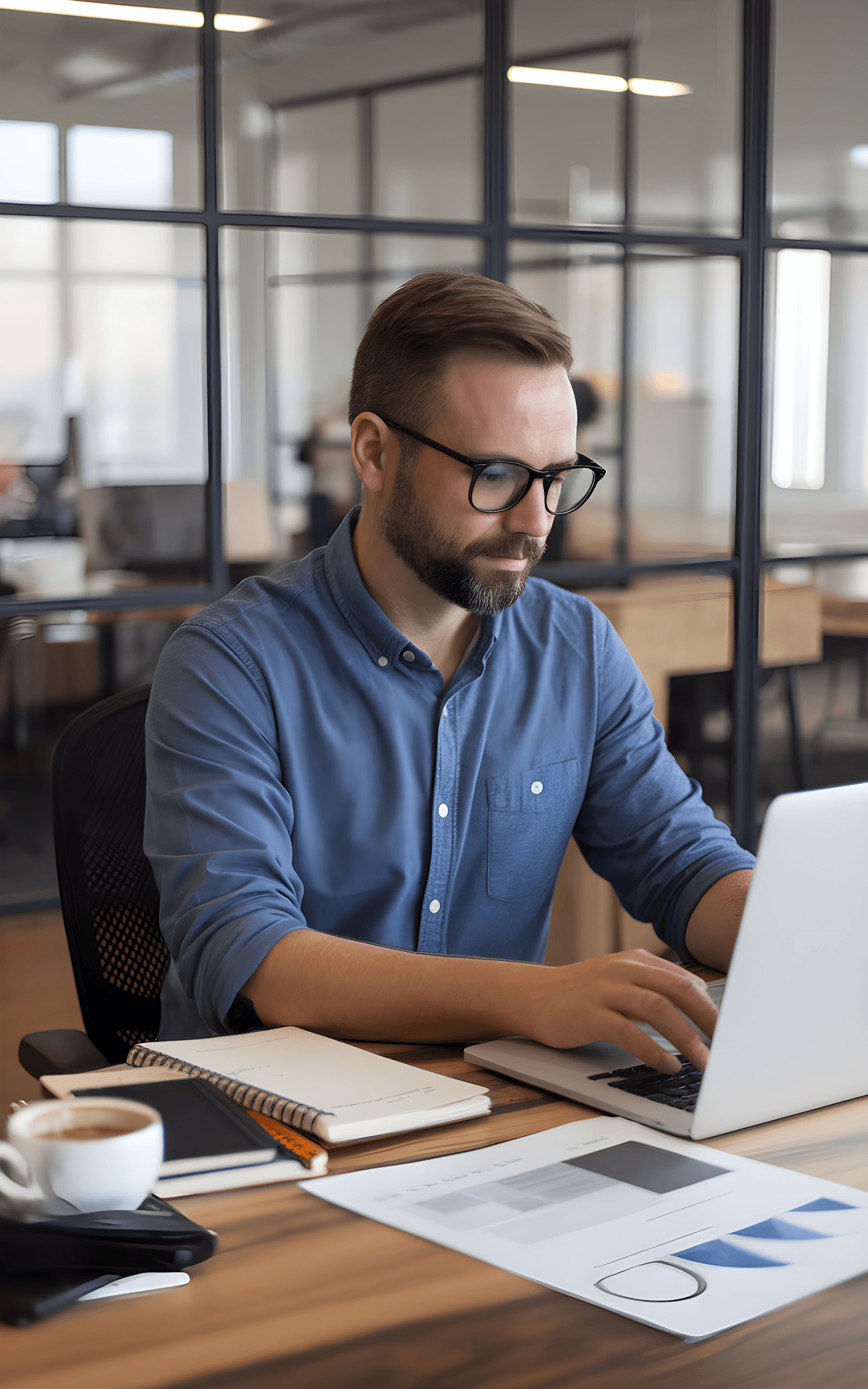 Man working on laptop at modern office desk with documents and coffee