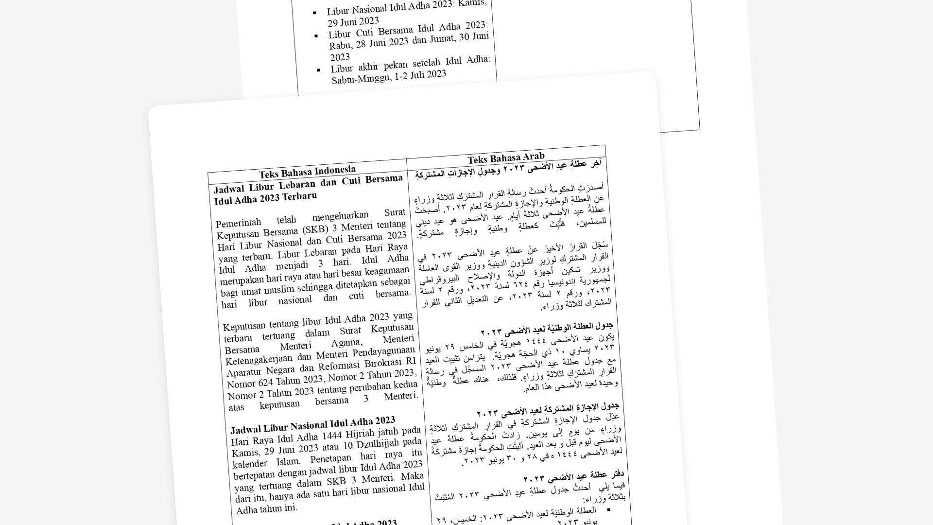 Document showing a bilingual table with text in Indonesian on the left and Arabic on the right. The content discusses the 2023 Idul Adha holiday schedule.
