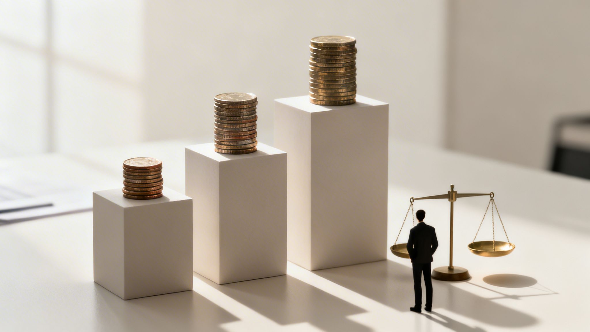 Tre staplar med mynt och en man framför en våg, symboliserar ekonomisk tillväxt och val.