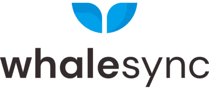 The image features the Whalesync logo, consisting of the name "Whalesync" in lowercase black letters beside a stylized, minimalist blue whale tail design, set against a transparent background.