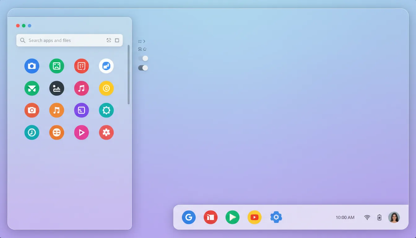 A high-fidelity screenshot of the ChromeOS desktop interface in Clean Light Mode. A semi-transparent app launcher with a frosted glass effect is open on the left, containing a search bar with abstracted text, UI elements, and a grid of colorful, modern circular app icons. A minimalist shelf is centered at the bottom of the screen displaying more icons and system tray elements on the right. The desktop wallpaper is a simple, soft gradient of blue and purple, and the display has rounded corners.
