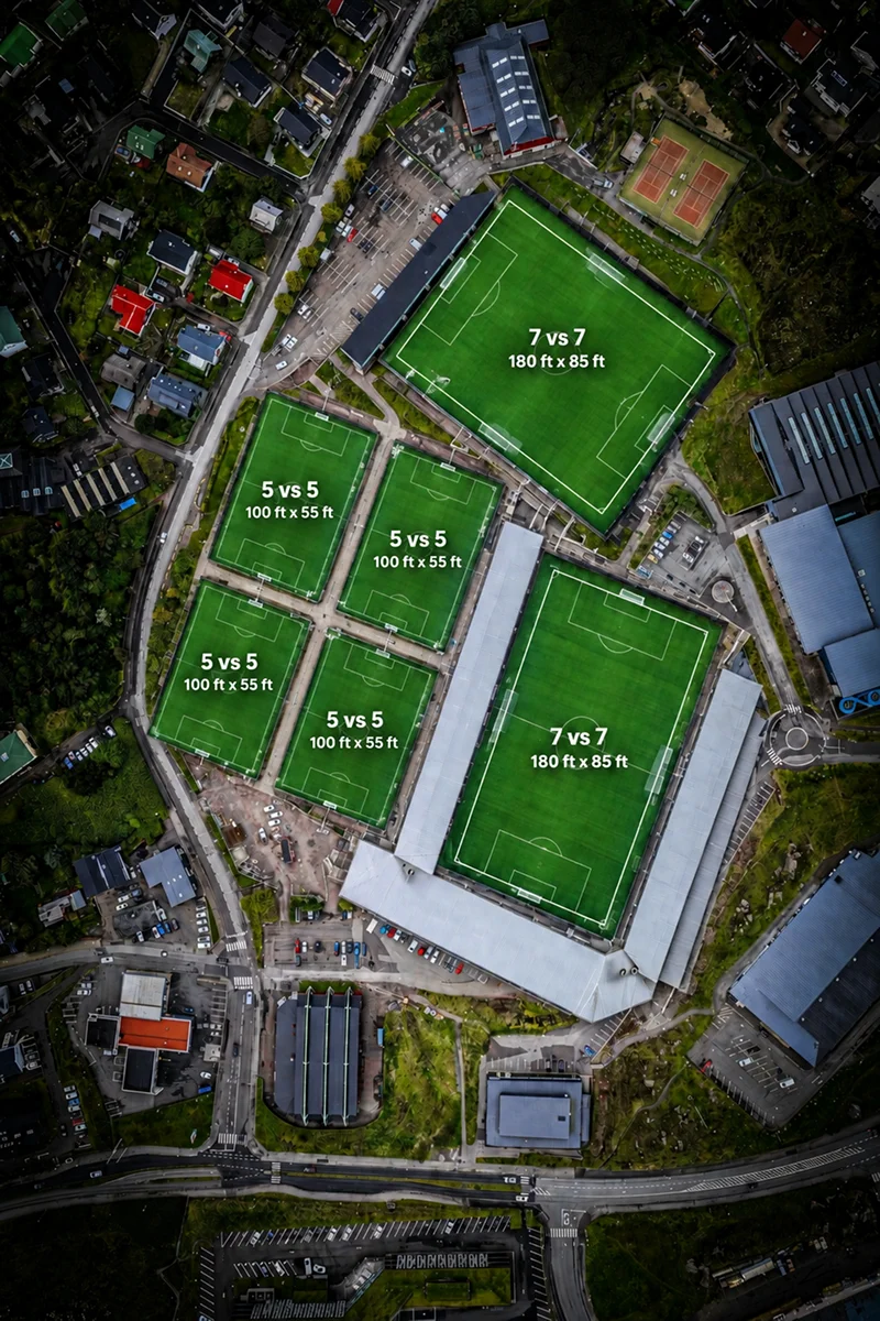 Aerial view of a soccer field complex with 5v5 and 7v7 fields