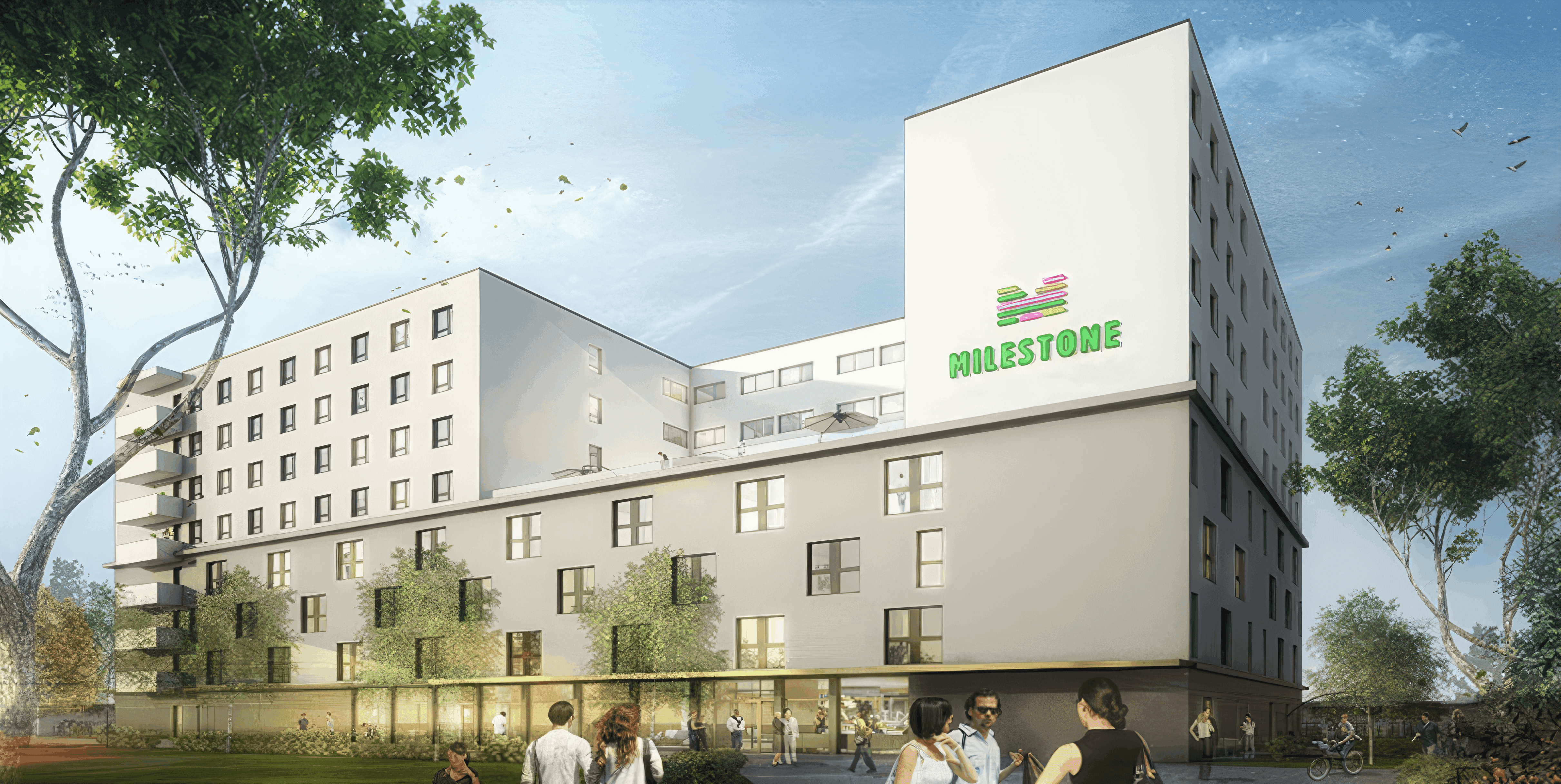 MW Interior - Mehrgeschossiges Milestone Studentenwohnheim mit weißer Putzfassade, begrüntem Erdgeschoss und grünem Markenlogo bei Dämmerung" Beschreibung: Modernes Milestone-Studentenwohnheim in urbaner Lage – die zeitgemäße Architektur mit begrüntem Erdgeschoss, großzügiger Verglasung und markanter Logobeschilderung spiegelt das junge, lebendige Wohnkonzept wider.