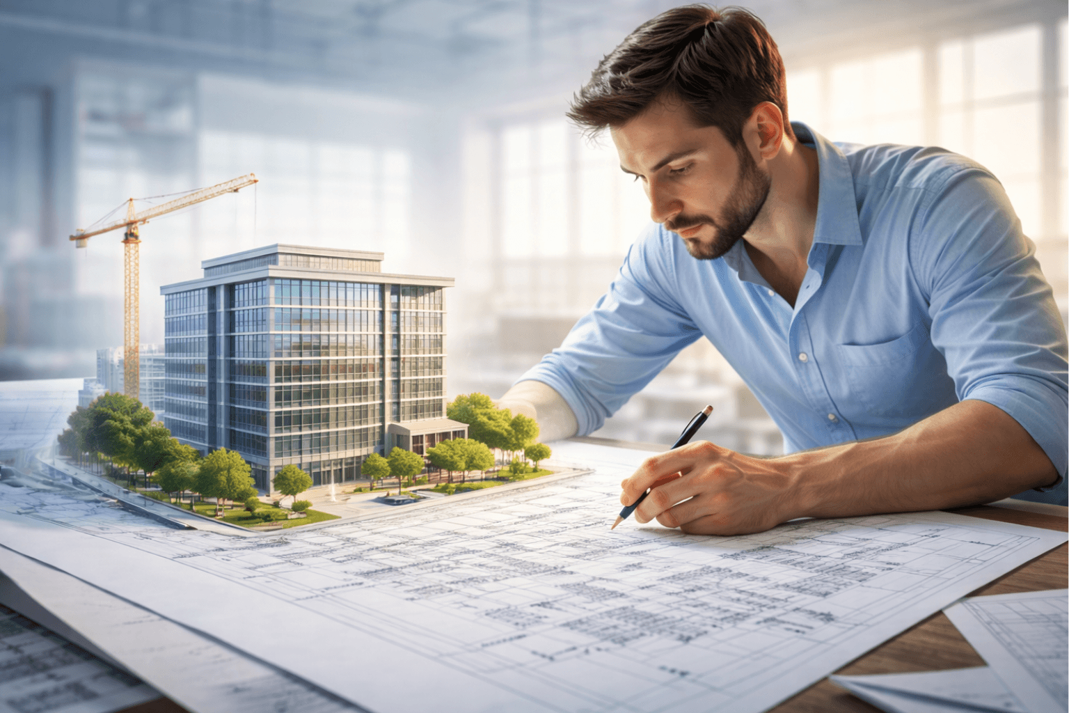 architect drawing on blueprints with building coming out of paper representing design being protected during construction