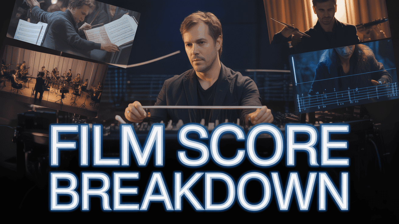 Film Scoring Breakdown Thumbnail, featuring a composer at a scoring workstation with orchestral stills and timeline overlays