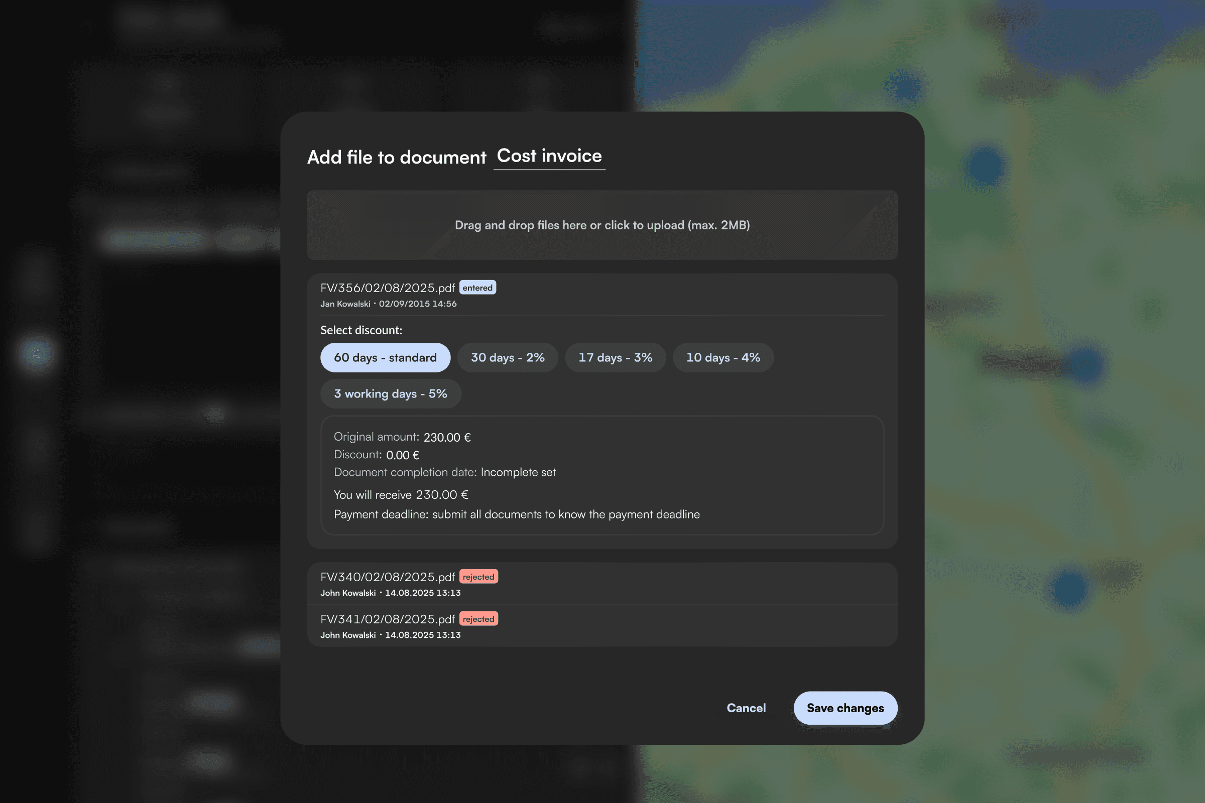 A screen from TMS Carrier web app showing choosing a discount for an invoice flow
