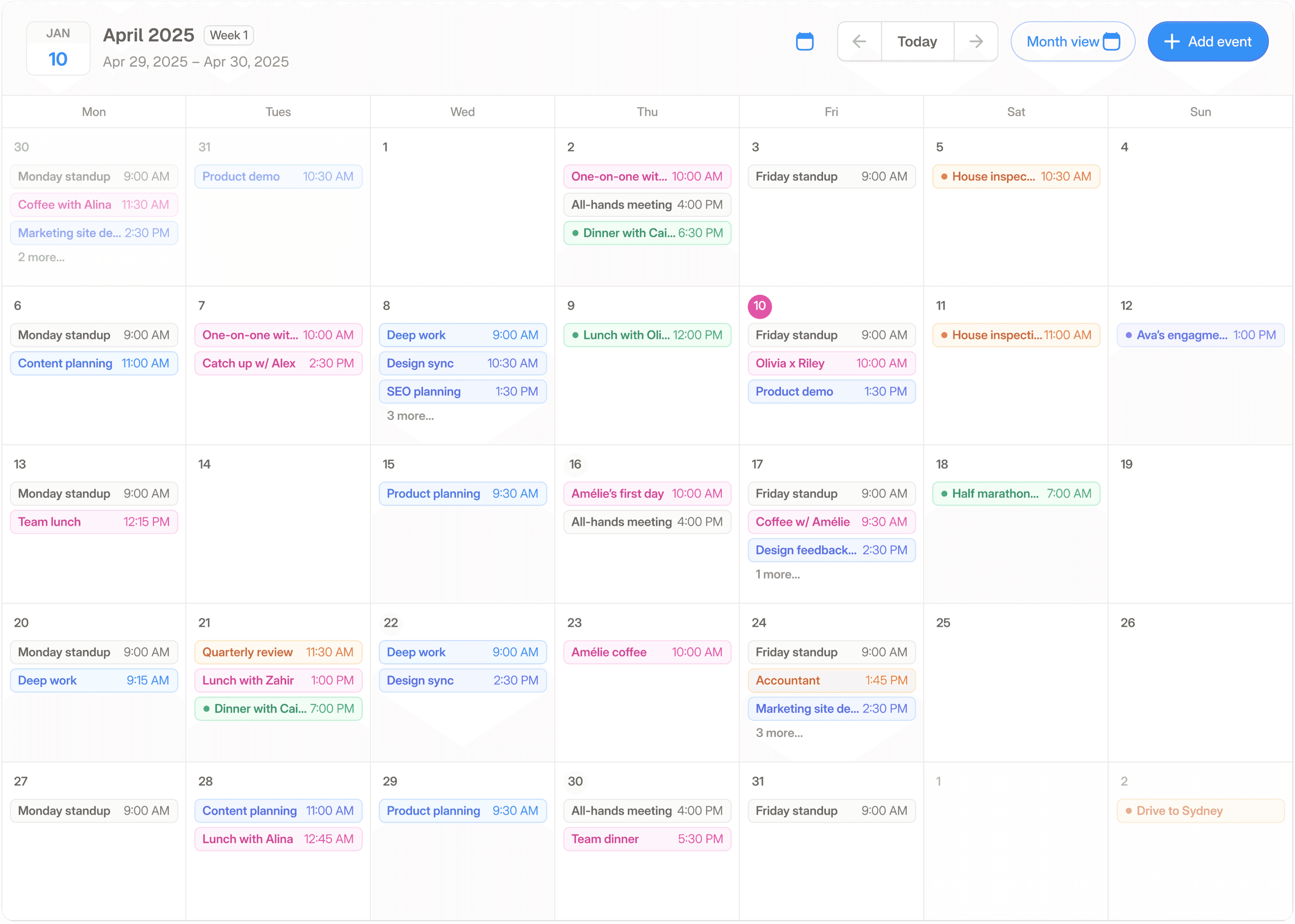 A digital calendar interface in month view for April 2025, showing color-coded events like team standups, design work, lunch meetings, and client calls. The UI includes navigation controls, a “Month view” dropdown, and an “Add event” button. Events span multiple days and appear clearly organized for time management and productivity.