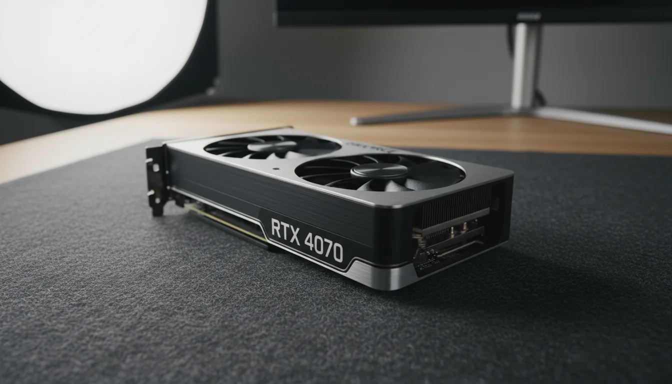 Close-up DSLR photograph of an NVIDIA GeForce RTX 4070 Founders Edition graphics card resting on a dark gray textured felt surface. The image is captured with soft studio lighting, highlighting the matte black finish and silver metallic accents of the card's shroud. The camera is positioned at a slight angle, with a shallow depth of field that brings the 'RTX 4070' lettering into sharp focus while gently blurring the light wood desk in the background.