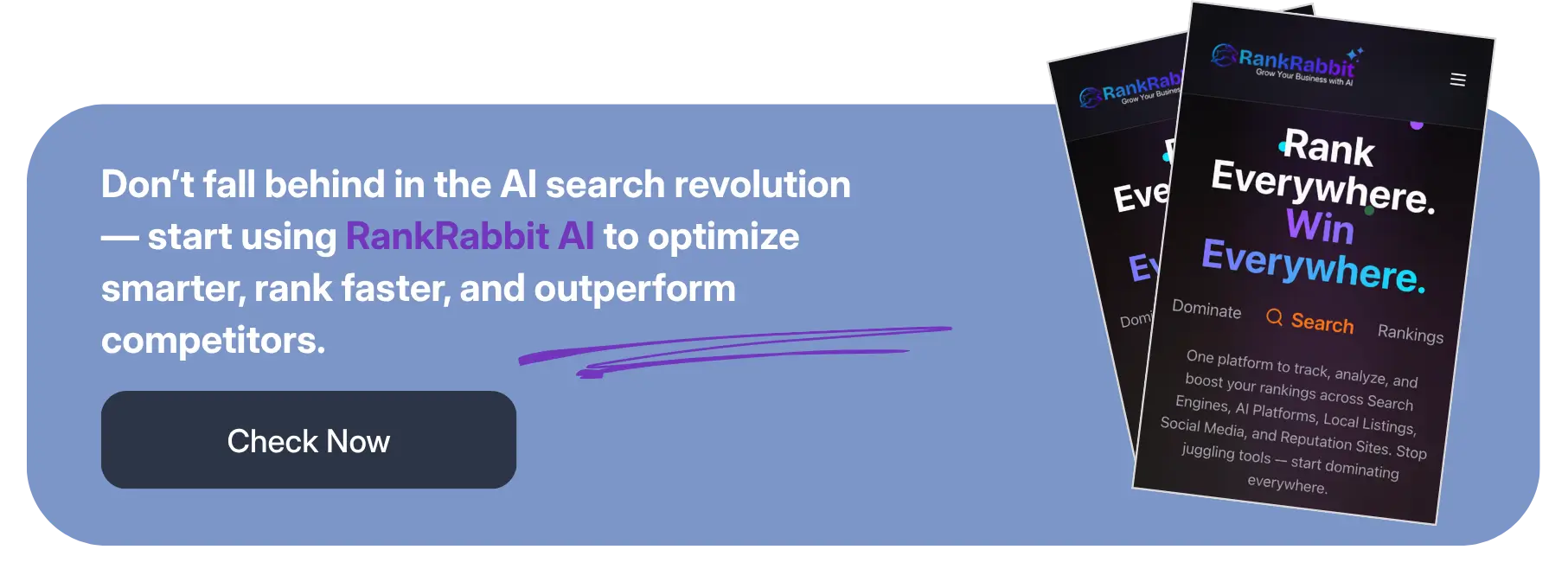 Call-to-action banner for improving AI search visibility with RankRabbit AI.
