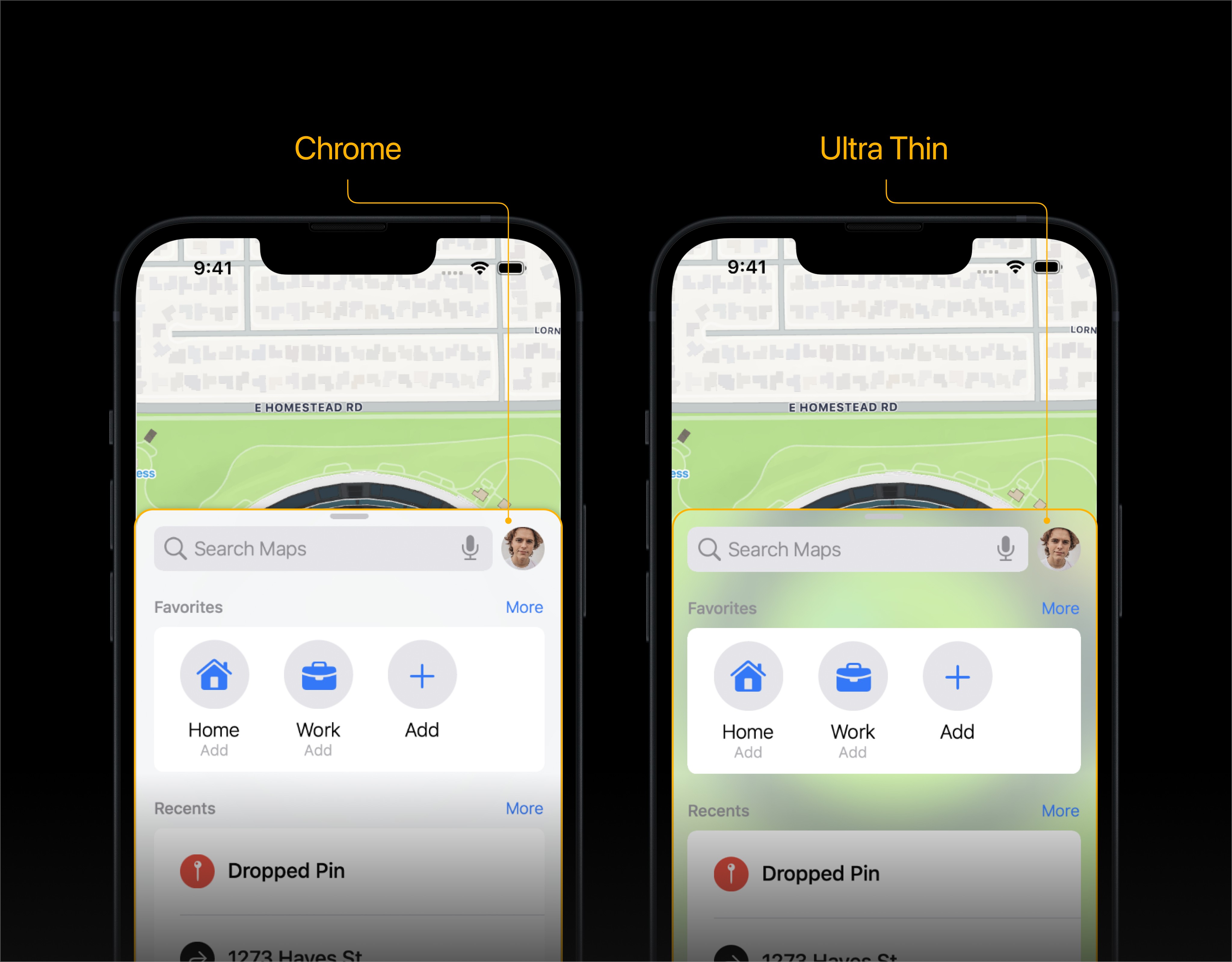 Two versions of the Apple Maps' modal, one with chome thickness and a check above it and one with ultra thin thickness and an X above it