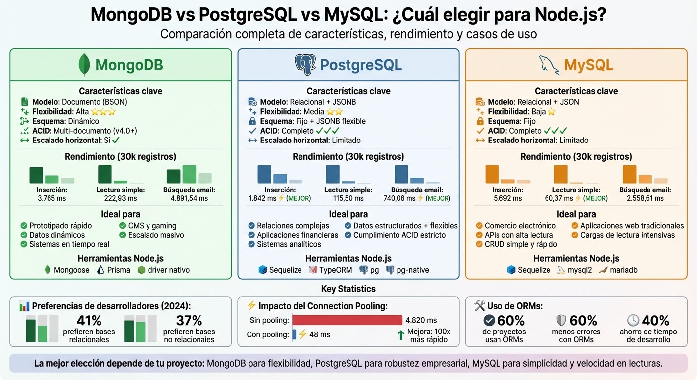 MongoDB vs PostgreSQL vs MySQL: Comparación de rendimiento y características para Node.js