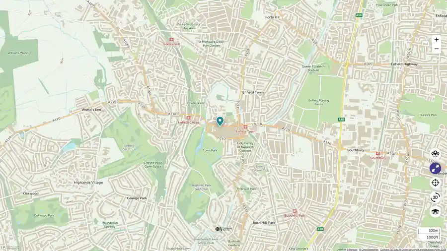 Map of Enfield, London showing parks and roads.
