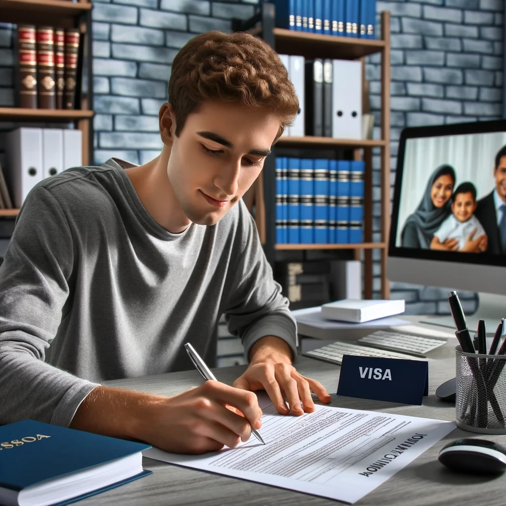 A young adult filling out visa application forms at a desk, surrounded by legal books and a computer, with a family photo in the background, representing the thorough process of applying for the F2B visa.