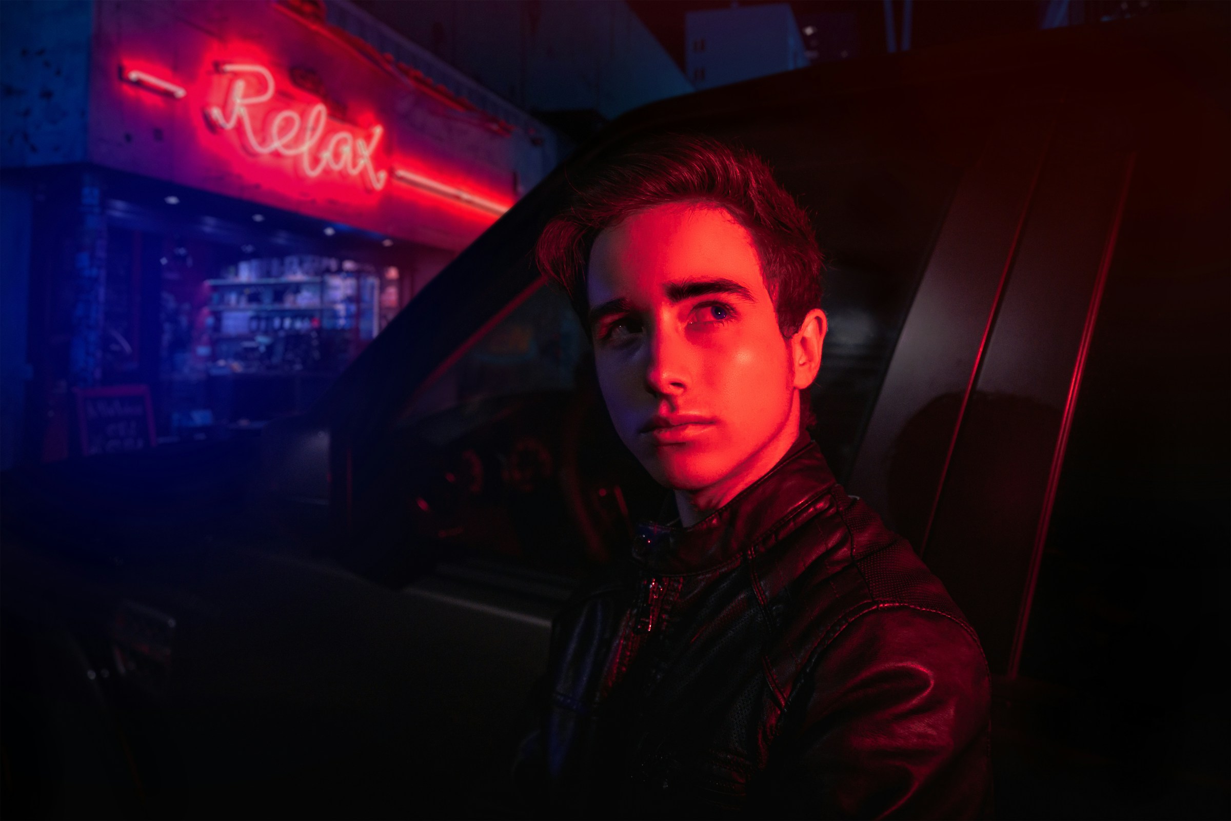 Dark leather editorial portrait for album cover output