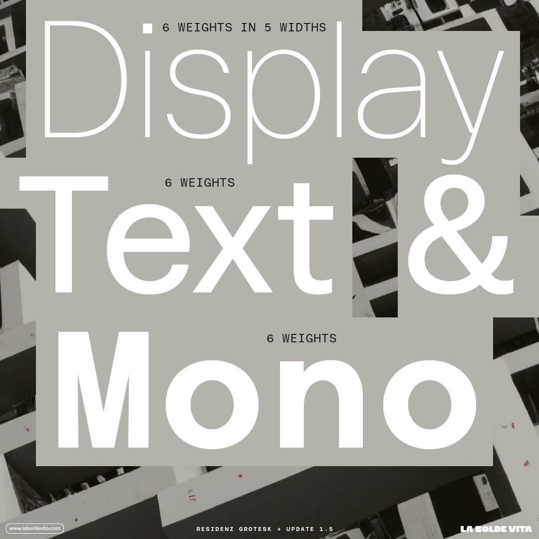 a placative composition showing display, text and mono styles of Residenz Grotesk in white on grey/black background