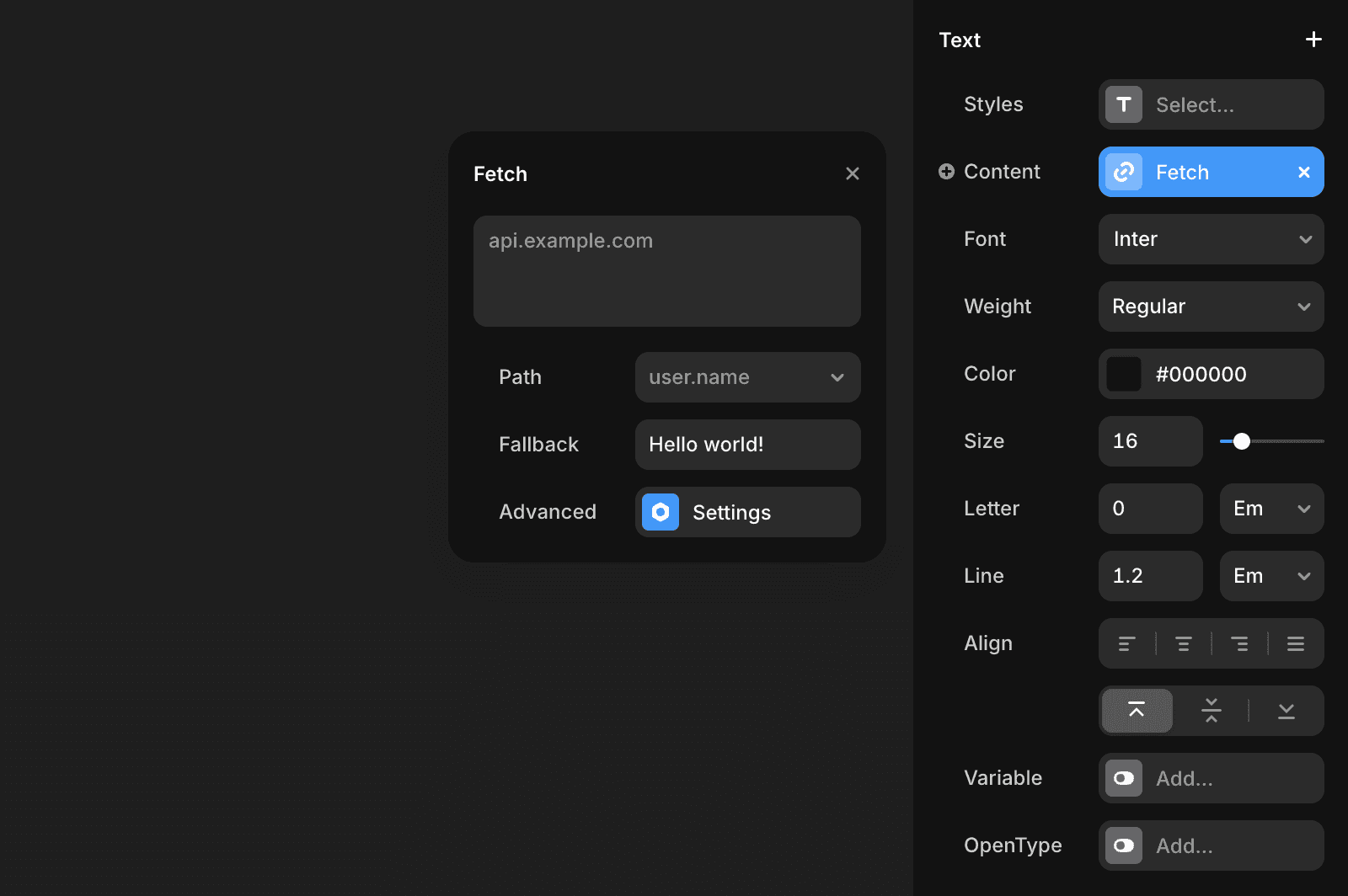 Framer 的用户界面面板,显示了 Fetch API 请求的选项,包含可编辑的 URL、路径和备用文本字段,以及字体、大小和颜色等可自定义的文本样式设置。