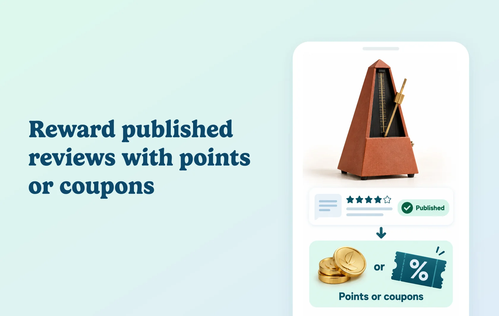 Judge.me and Kangaroo Rewards integration: illustration of a metronome review marked published, leading to a choice of loyalty points or a coupon inside a phone.