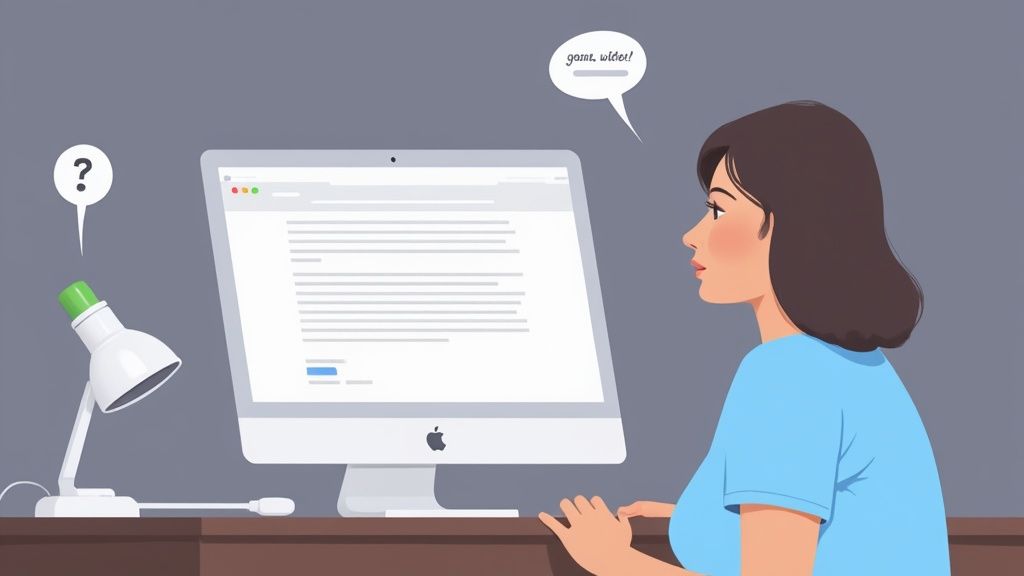 A woman looks intently at her Mac computer screen, with a desk lamp and thought bubbles.