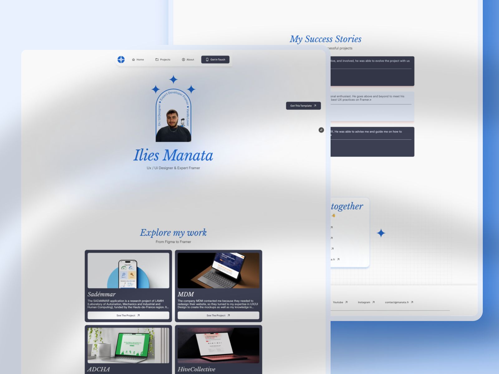omepage d'OrangeFolio, template Framer designé et développé par Ilies MANATA, Développeur Expert Framer & Ux / Ui Designer, Freelance, Nord