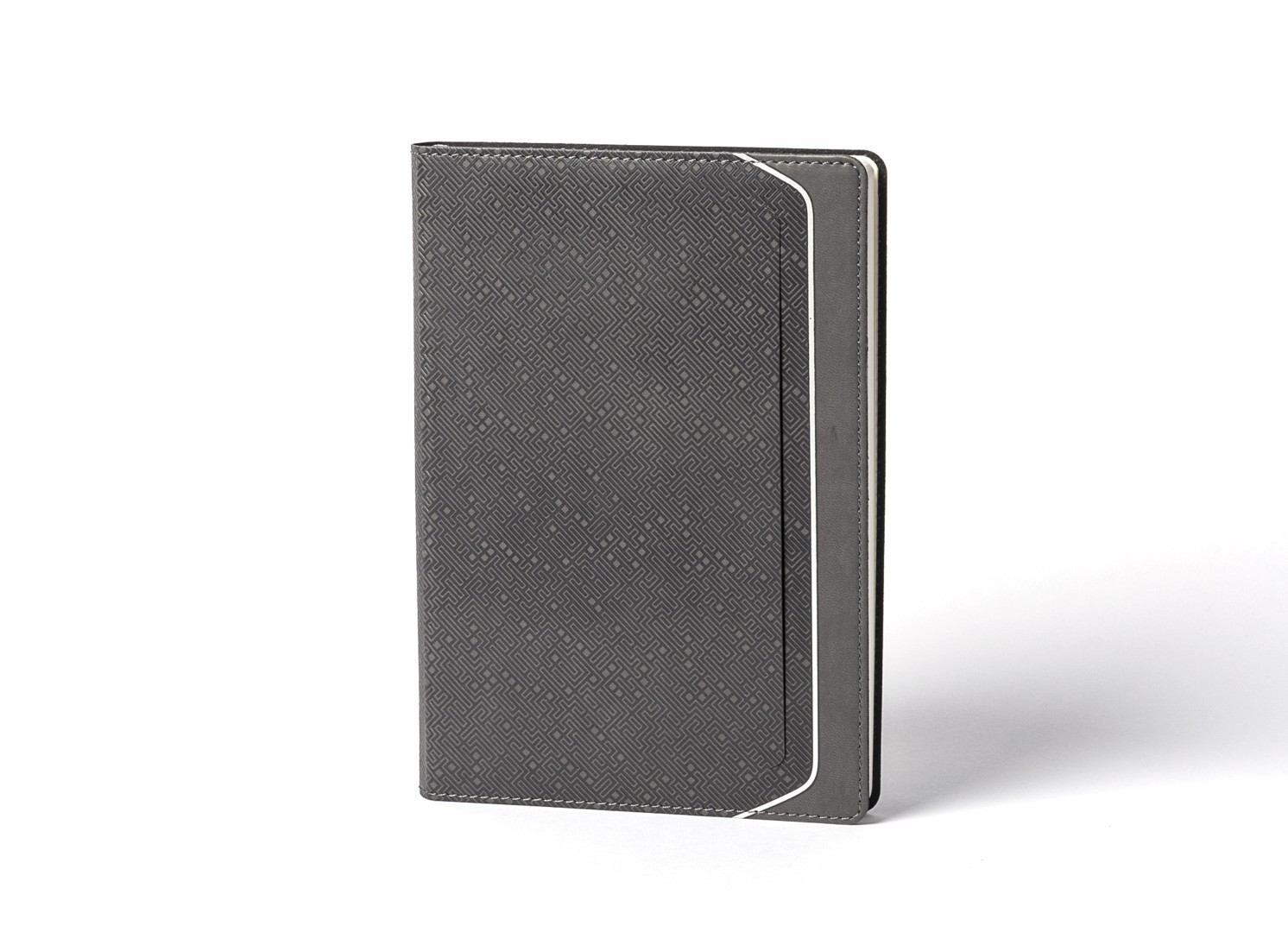 Front view of dark grey notebook with embossed pattern and vertical pocket.