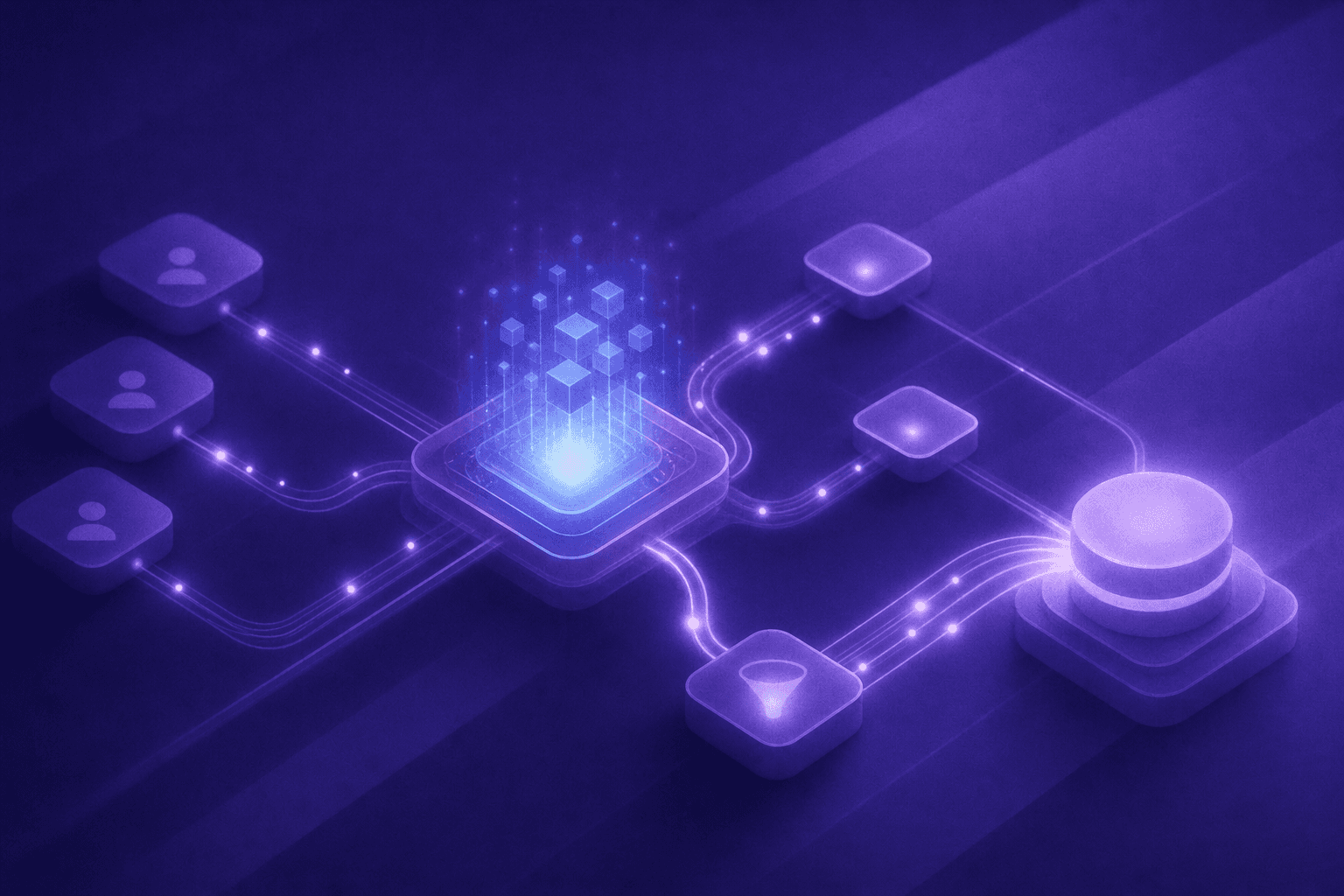 A sleek, futuristic illustration of an AI-powered B2B sales pipeline: glowing data streams flow smoothly between interconnected nodes representing prospects, qualification stages, and sales handoffs. A central AI hub pulses with soft blue and teal light, automatically routing bright lead signals along clean, unbroken pathways to a final destination node. The aesthetic is dark background with luminous circuit-like connections, conveying speed, precision, and intelligent automation. No text, no words, no letters.