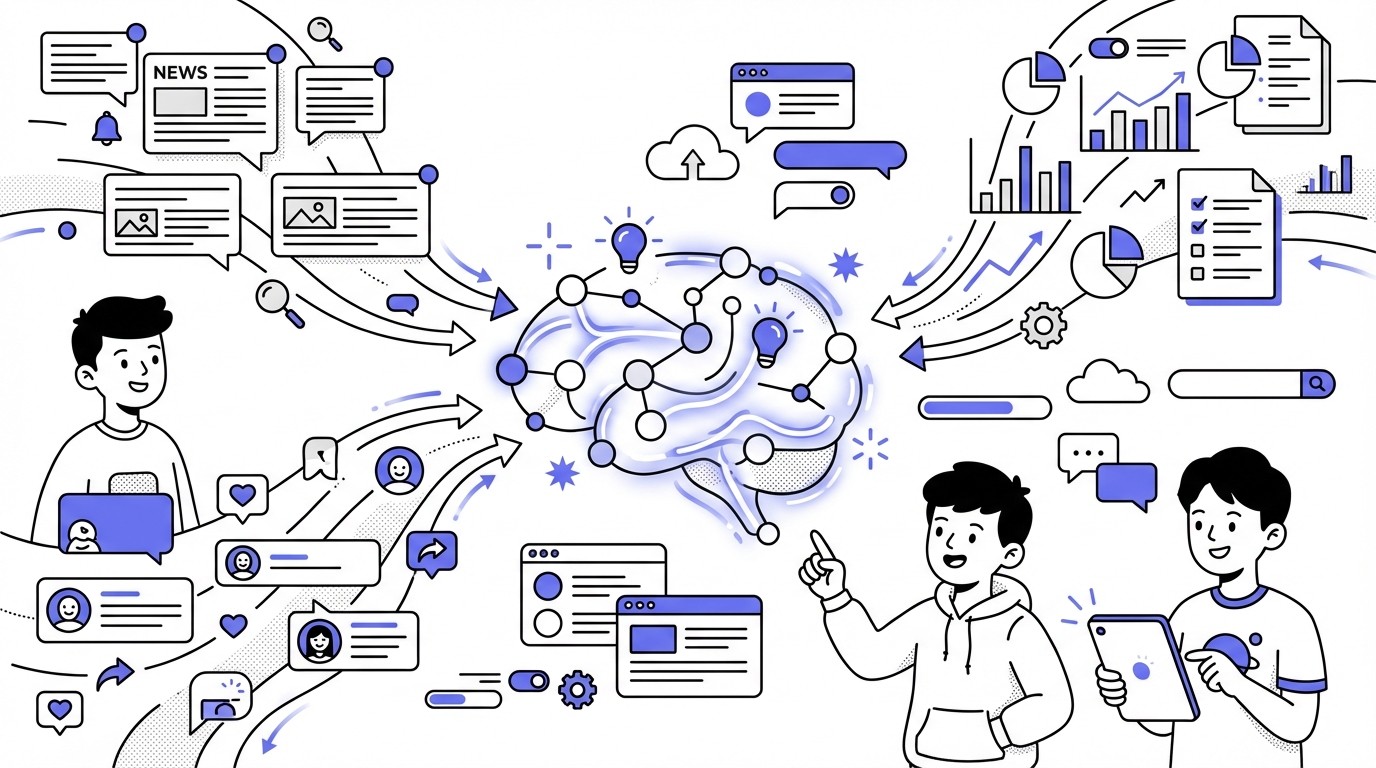 An illustration showing a glowing, abstract AI network processing streams of digital data, including news headlines, social media feeds, and corporate charts, against a dark tech background.