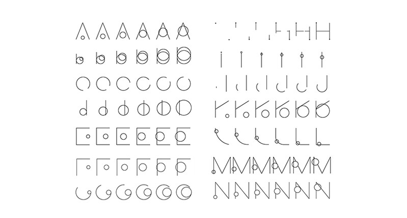 An image representing letters of the alphabet, made from lines and circles. Each letter is represented multiple times, but with a small difference.