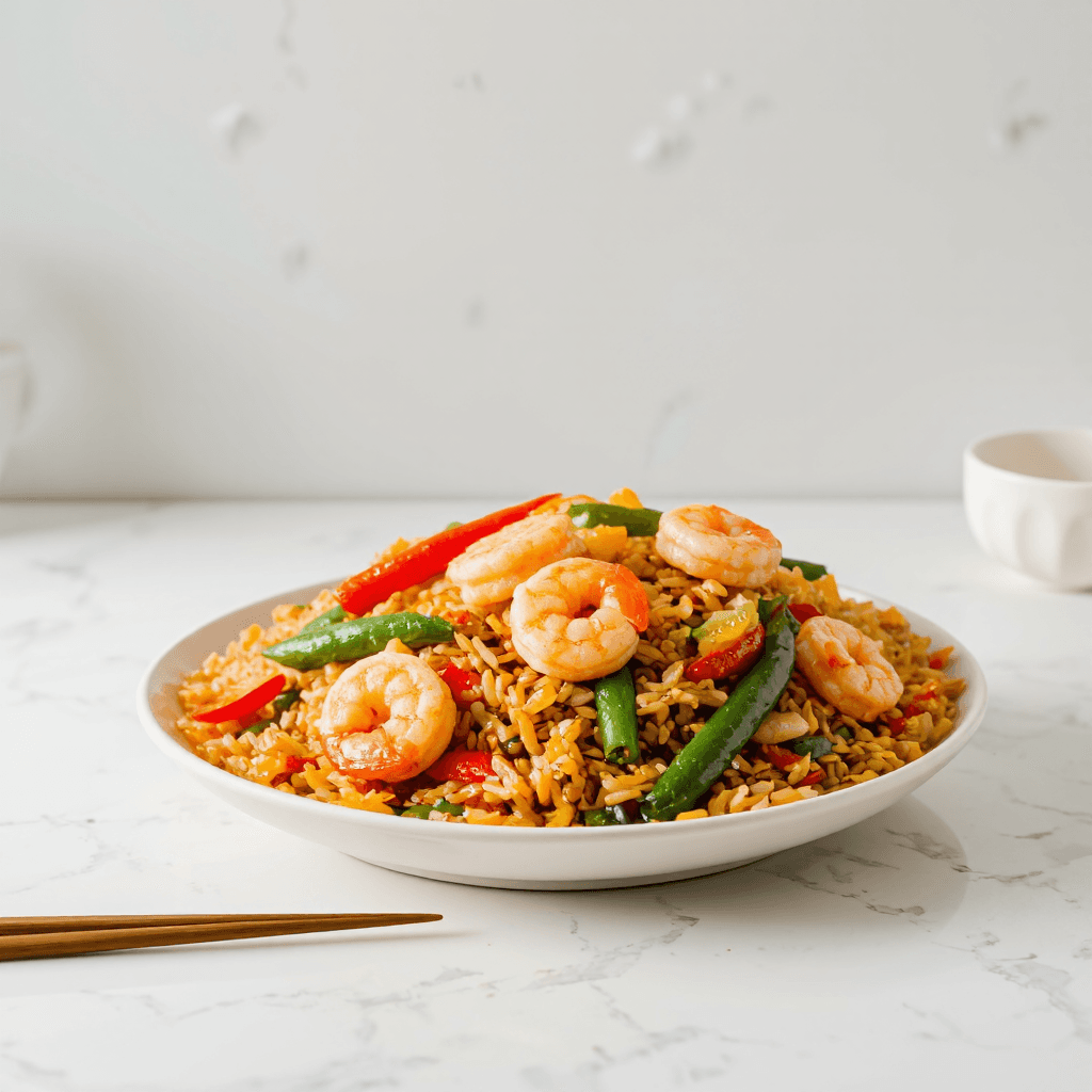 product photography of a plate of shrimp fried rice with vegetables