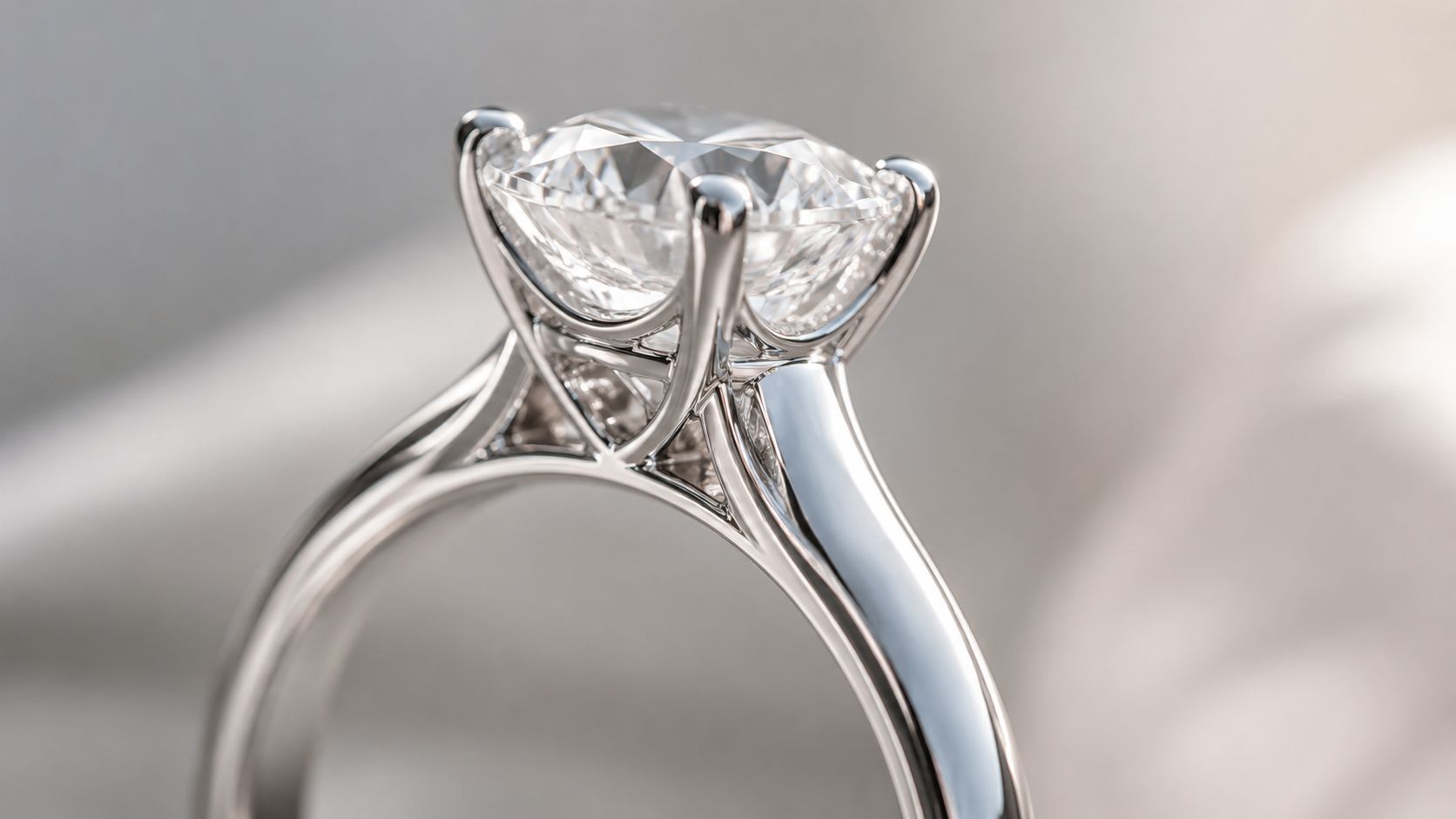 A close-up view of a luxury diamond ring with a sparkling solitaire stone set in platinum