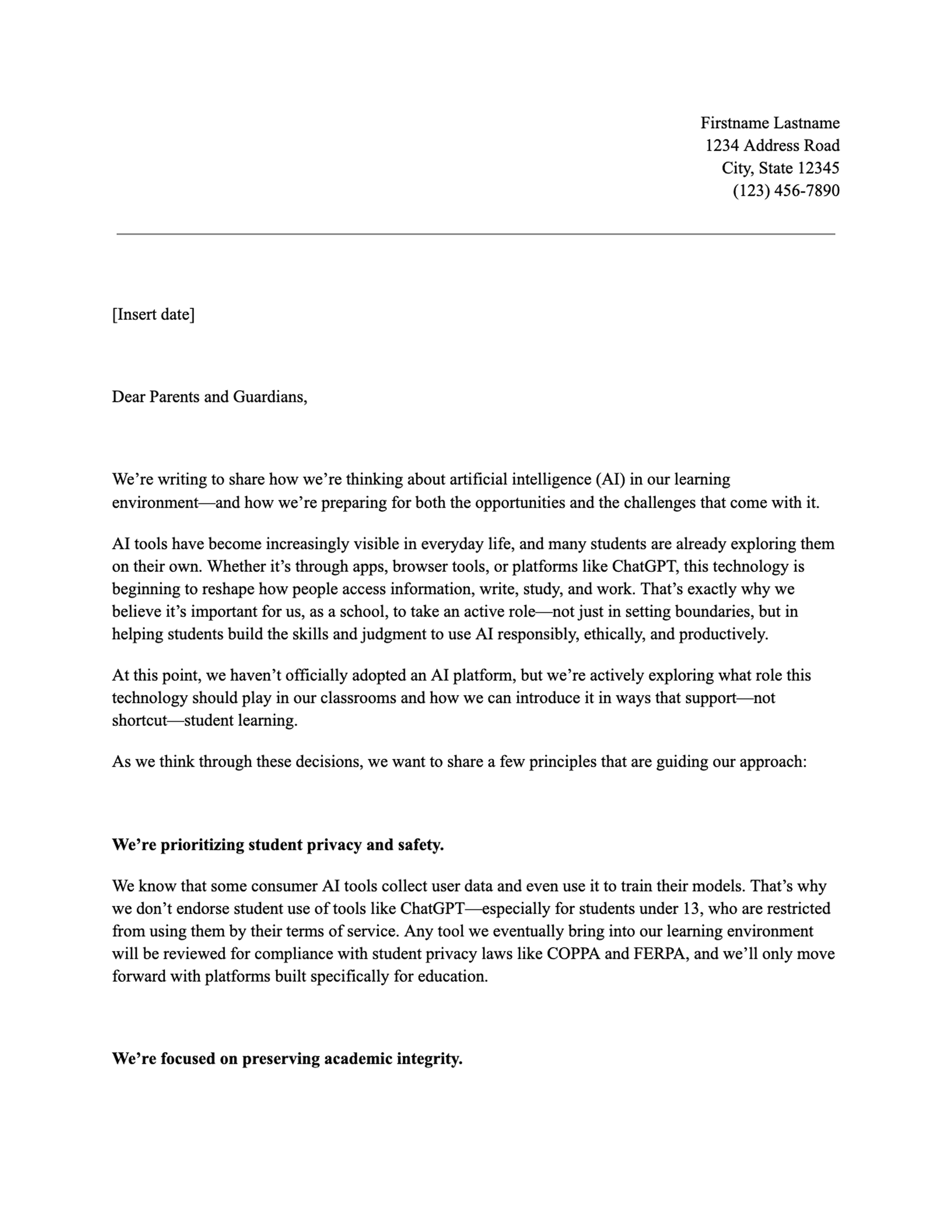 Image of Flint letter template for schools who haven't adopted and AI platform yet for parent ai communication