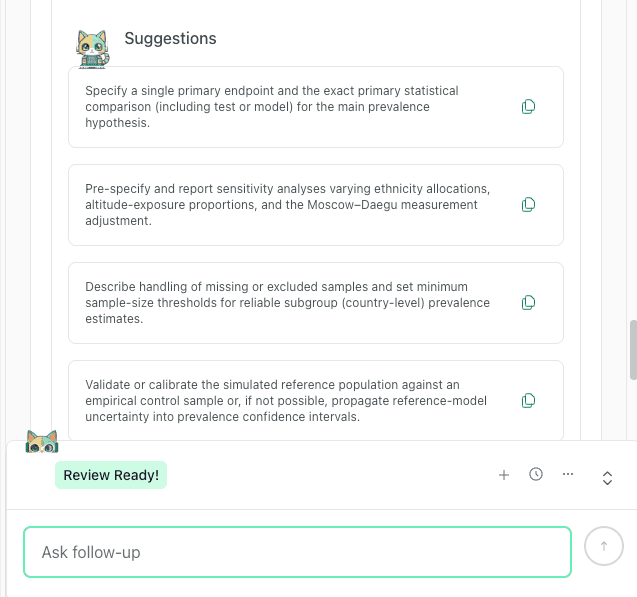 thesify AI feedback interface displaying specific suggestions for improving a manuscript's statistical reporting, including endpoints, sensitivity analyses, and sample thresholds.