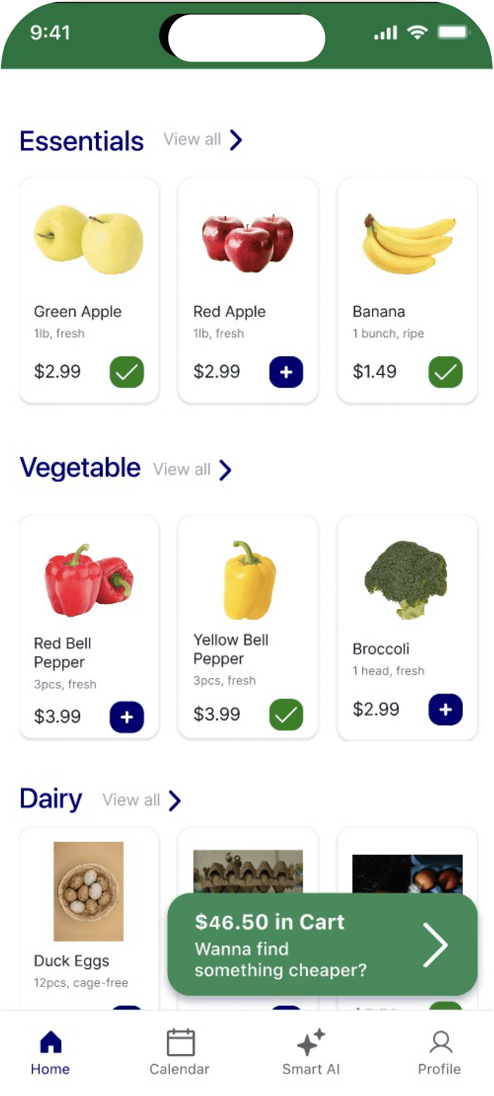 BudgetCart prototype home screen: Essentials, Vegetable and Dairy rows of product cards, each with a photo, size and price, plus a floating cart summary.