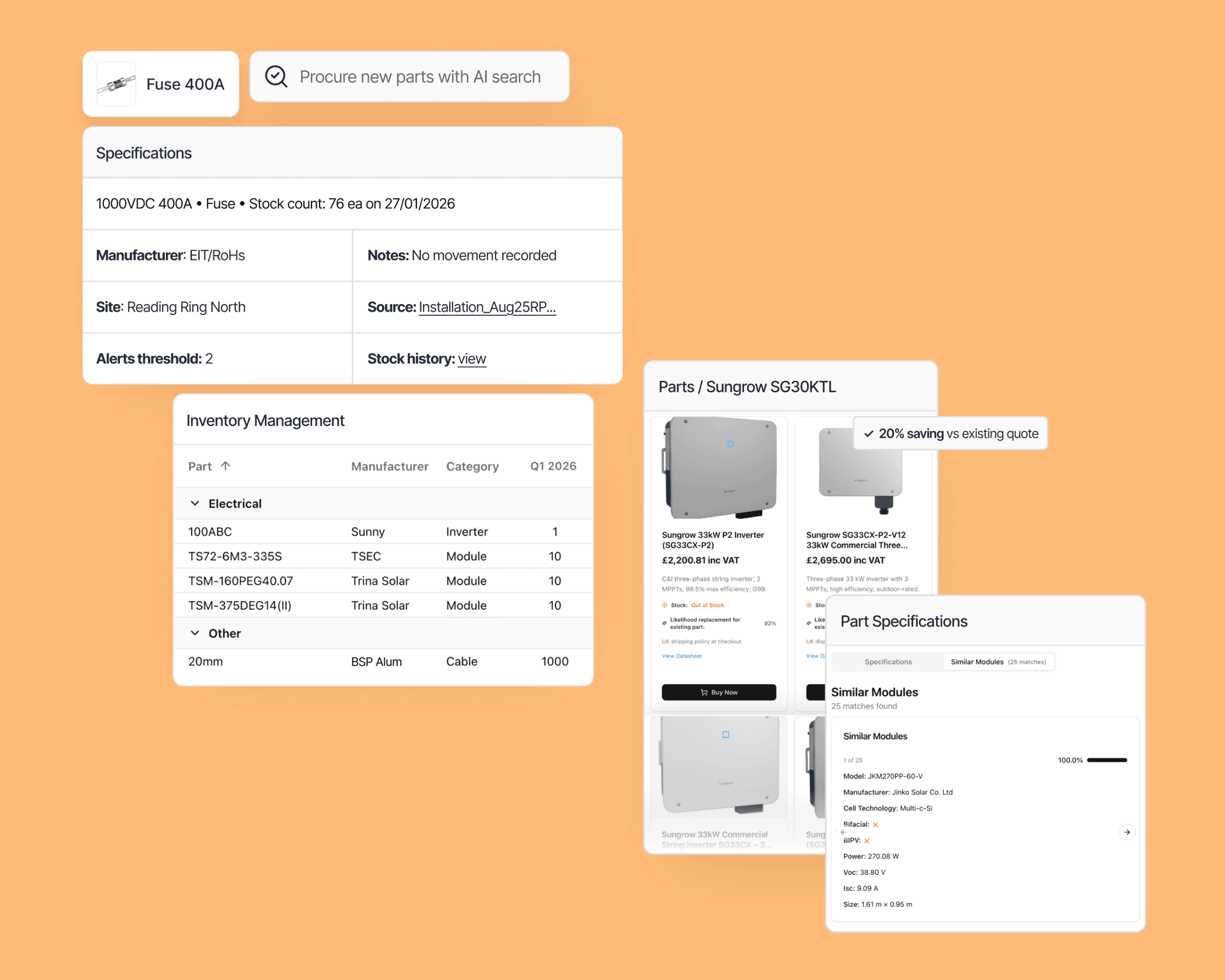 An interface showing inventory management and procurement tools in Alentis