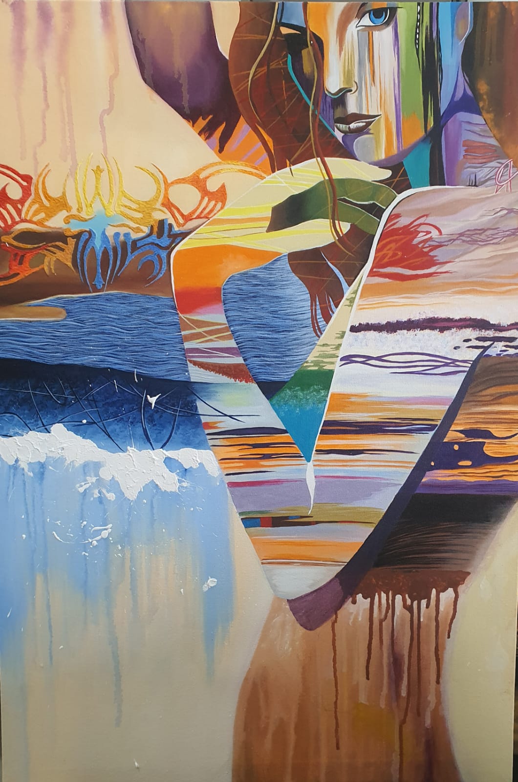 Colorful abstract painting of a woman with vibrant patterns and flowing textures.