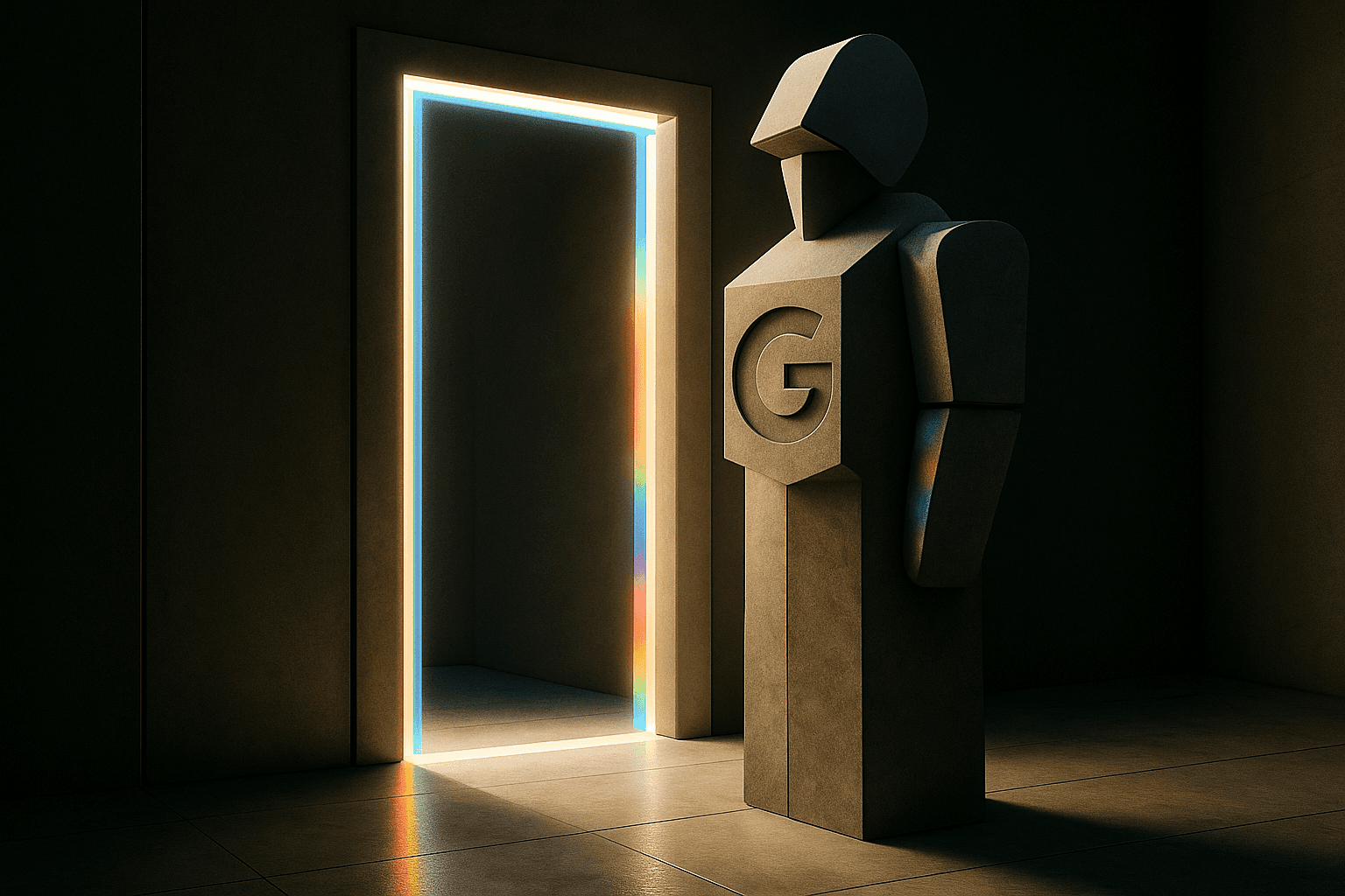 A figure that embodies Google CSS, standing in front of a door, darker background
