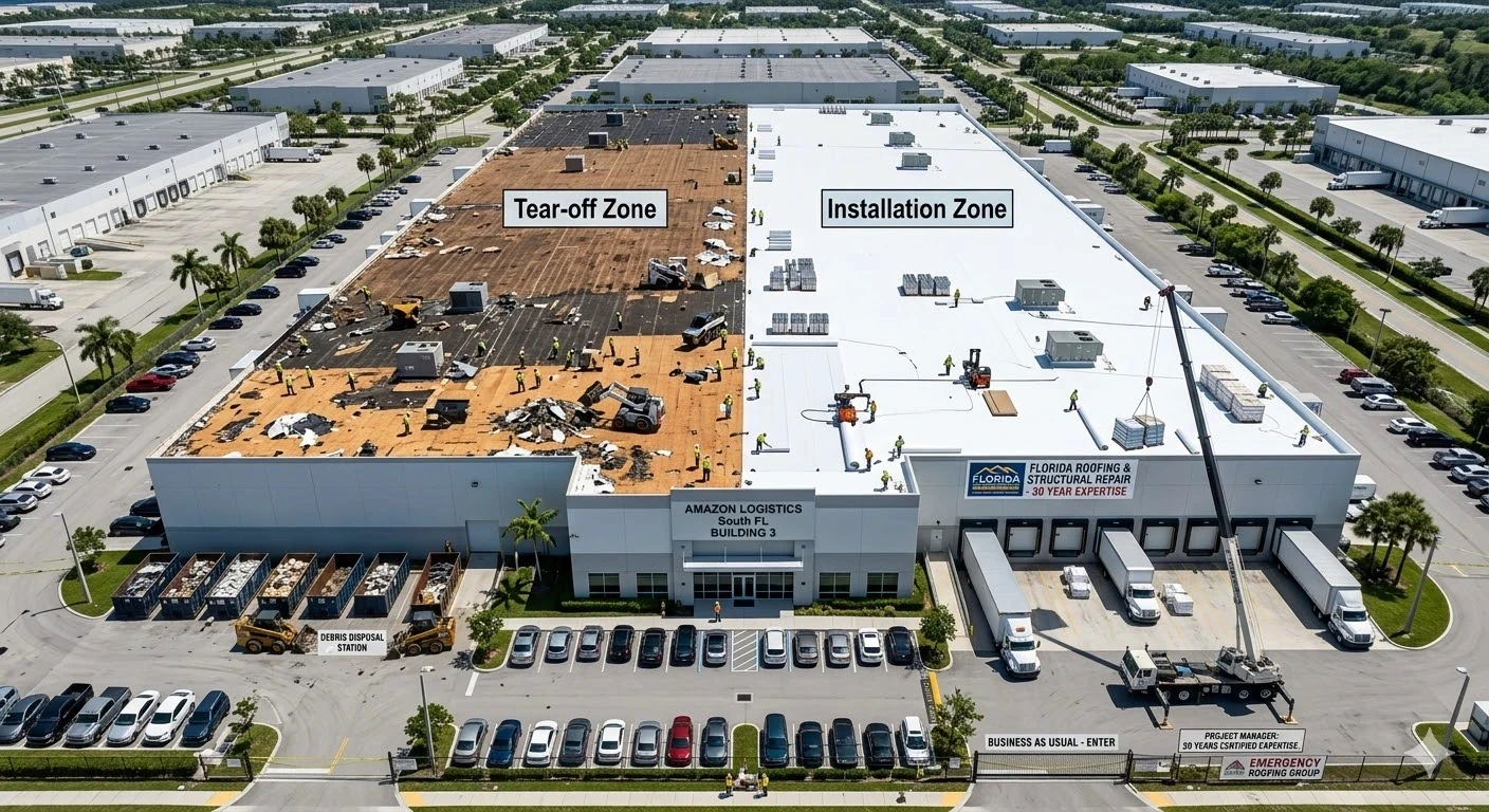 Commercial roof replacement South Florida — large-scale commercial building re-roofing project by Roofing Network licensed contractor