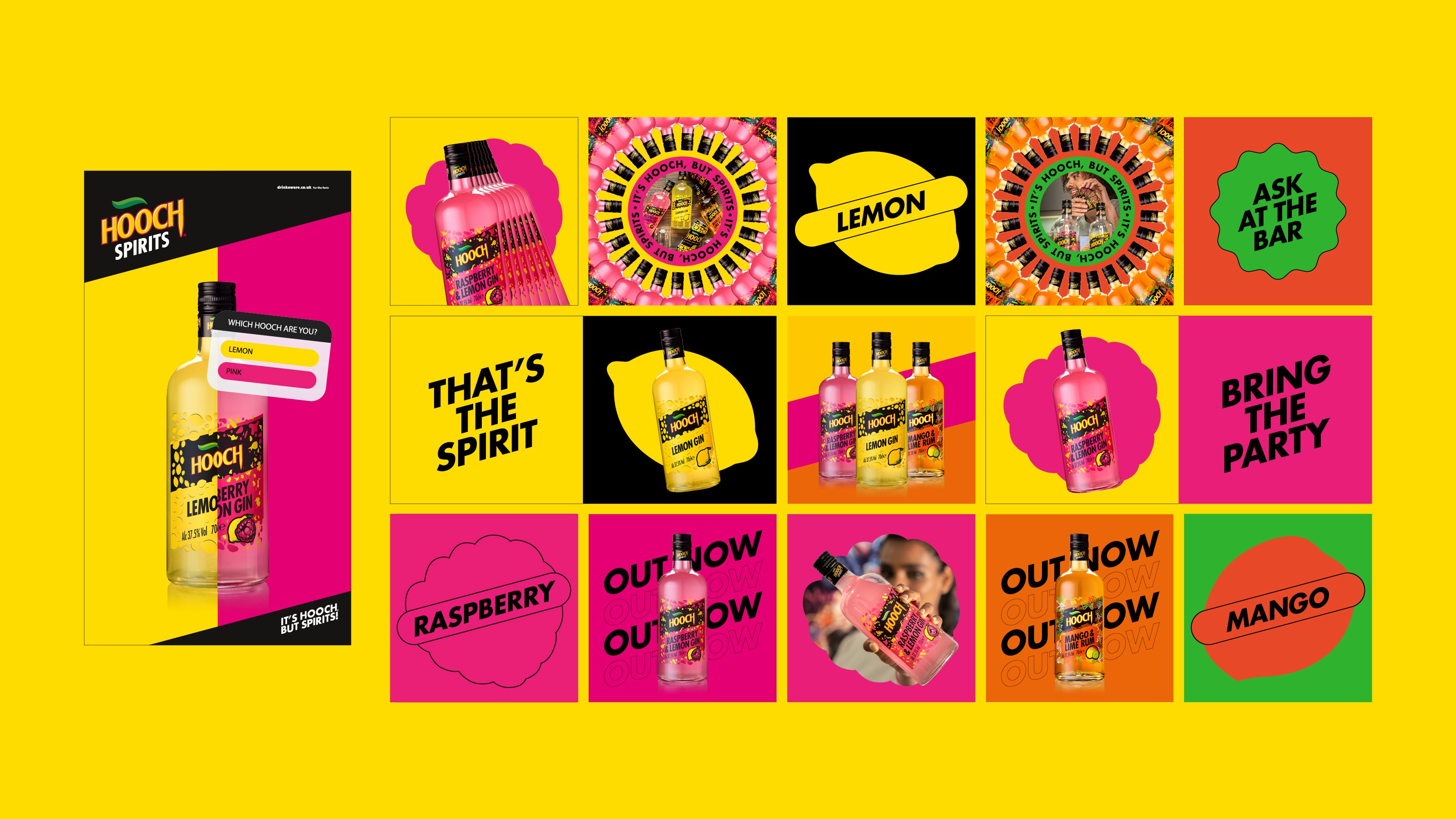Hooch Spirits social media graphic tiles using bold colours, typography and product imagery.